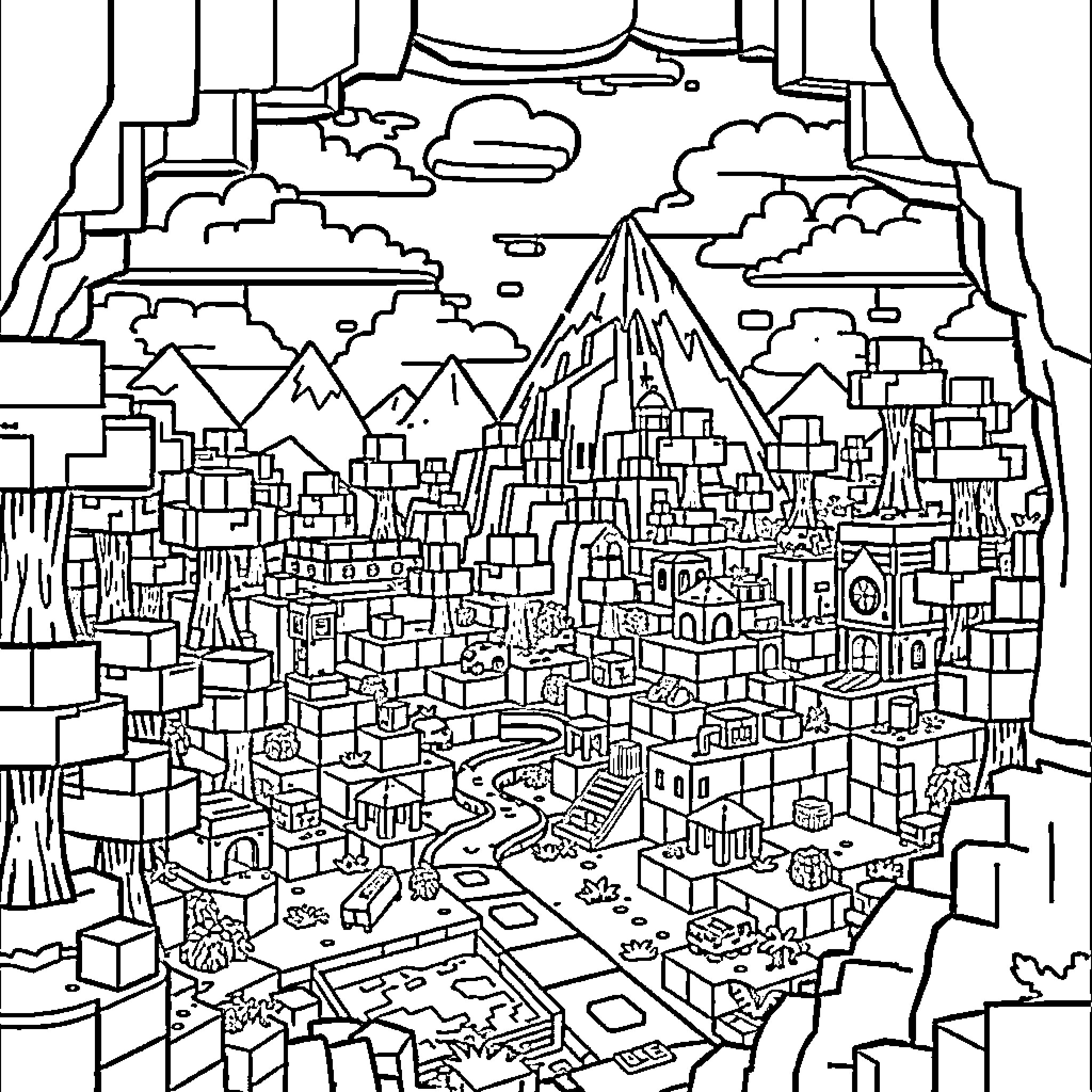 Minecraft town with mountains and clouds in the sky Coloring Page (free black-and-white line drawing printable PDF for all, from beginners to advanced learners, including children, teens, adults, and seniors)