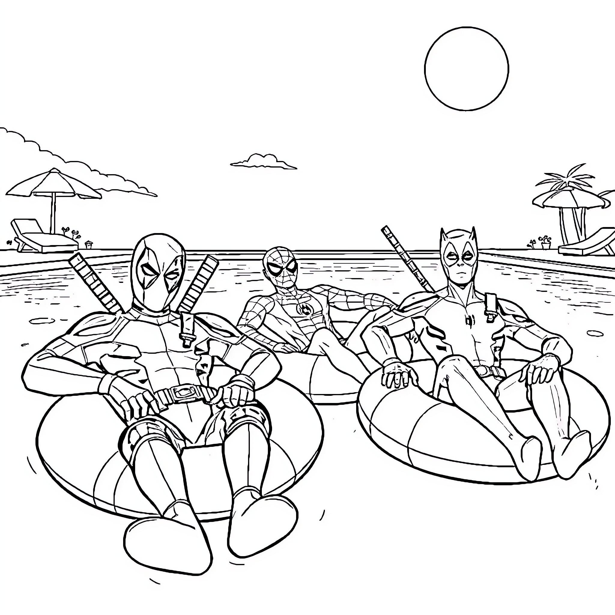 Superheroes relaxing on the beach Coloring Page (free black-and-white line drawing printable PDF for all, from beginners to advanced learners, including children, teens, adults, and seniors)