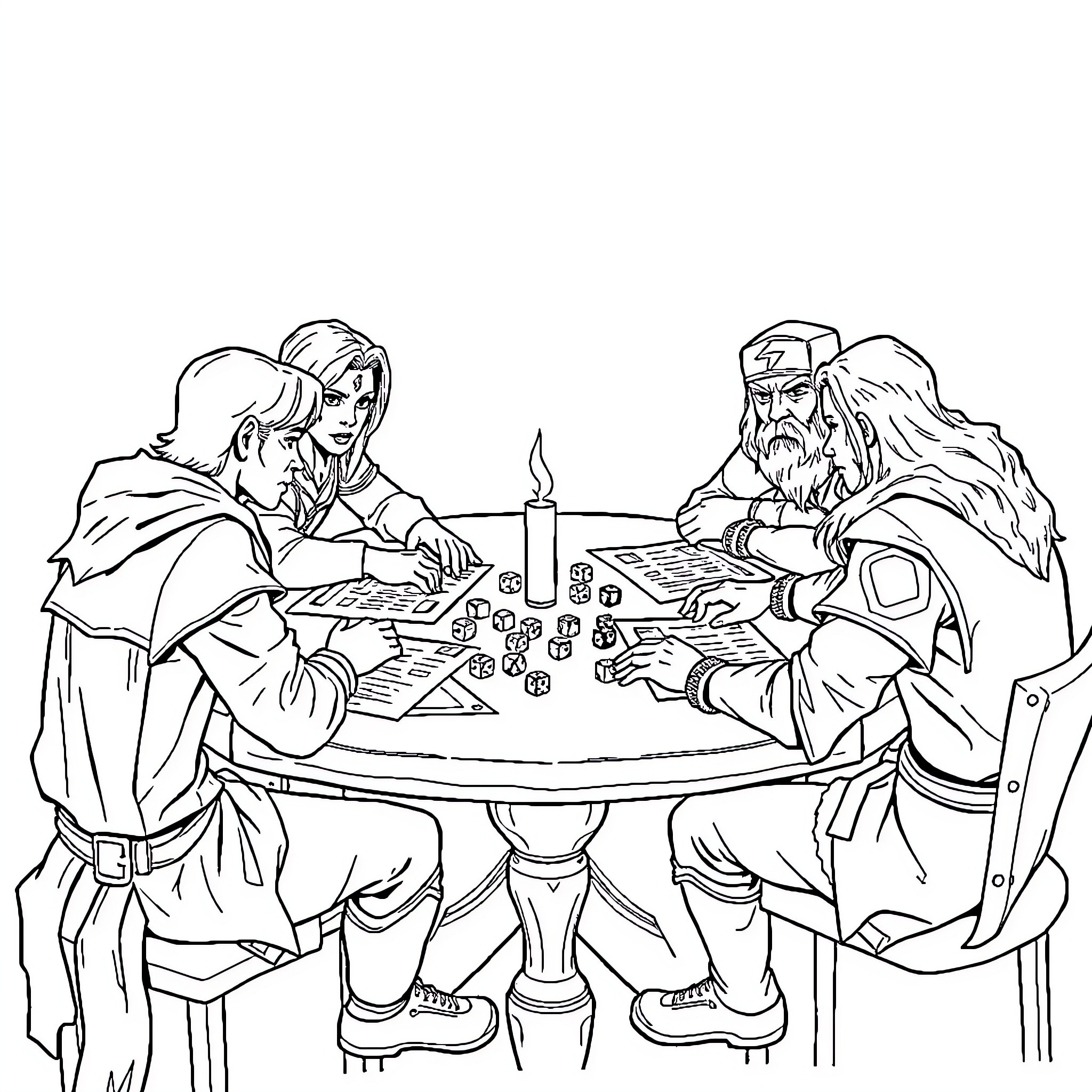 Adventurers engaged in a heated strategy game Coloring Page (free black-and-white line drawing printable PDF for all, from beginners to advanced learners, including children, teens, adults, and seniors)