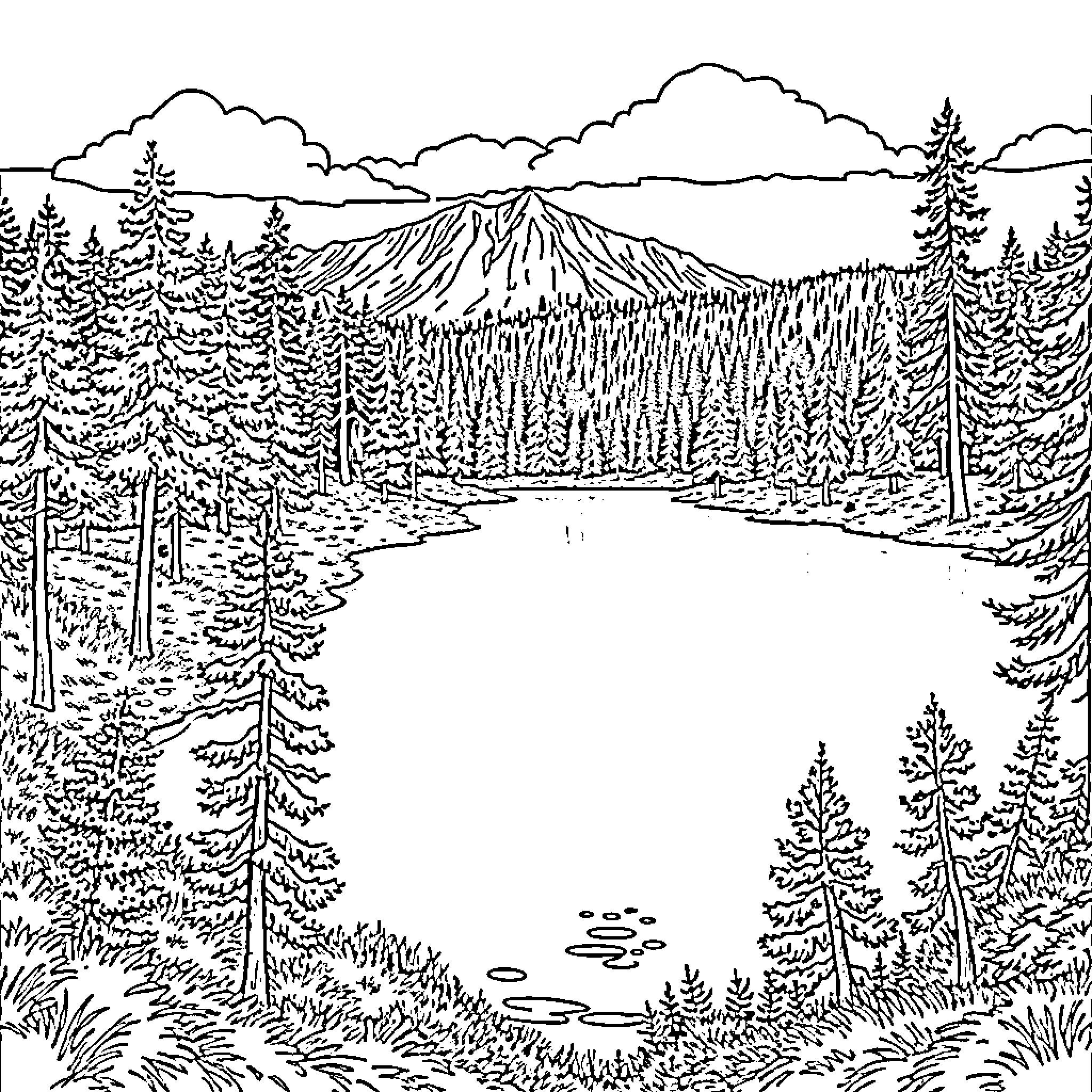 Lake surrounded by pine forest and mountains Coloring Page (free black-and-white line drawing printable PDF for all, from beginners to advanced learners, including children, teens, adults, and seniors)