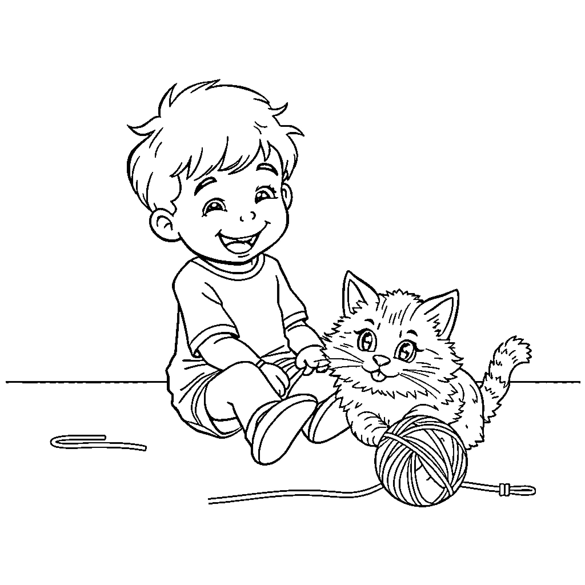 Jojo playing happily with a kitten Coloring Page (free black-and-white line drawing printable PDF for all, from beginners to advanced learners, including children, teens, adults, and seniors)