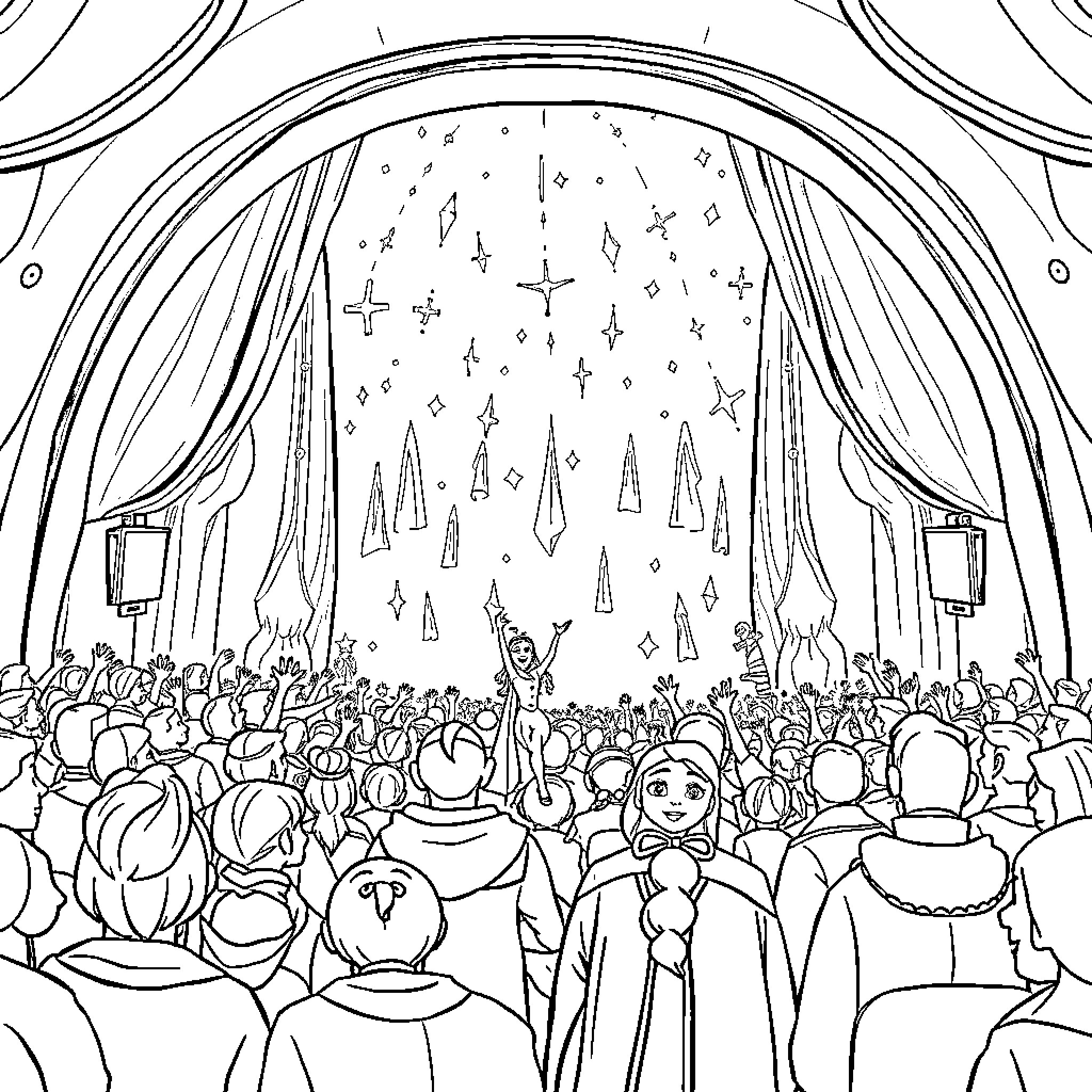 Frozen audience cheering in a performance hall Coloring Page (free black-and-white line drawing printable PDF for all, from beginners to advanced learners, including children, teens, adults, and seniors)