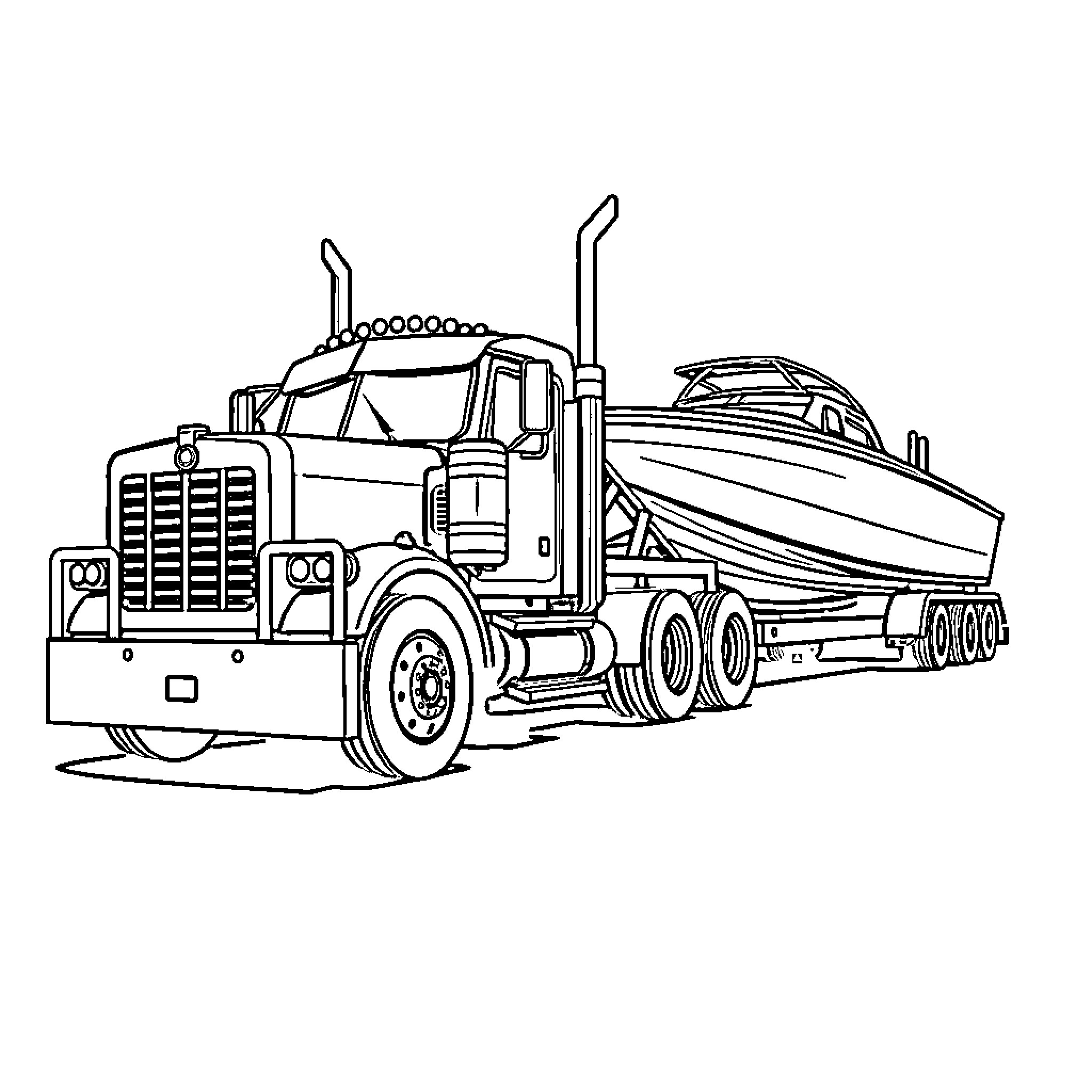 Truck transporting heavy equipment on the road Coloring Page (free black-and-white line drawing printable PDF for all, from beginners to advanced learners, including children, teens, adults, and seniors)