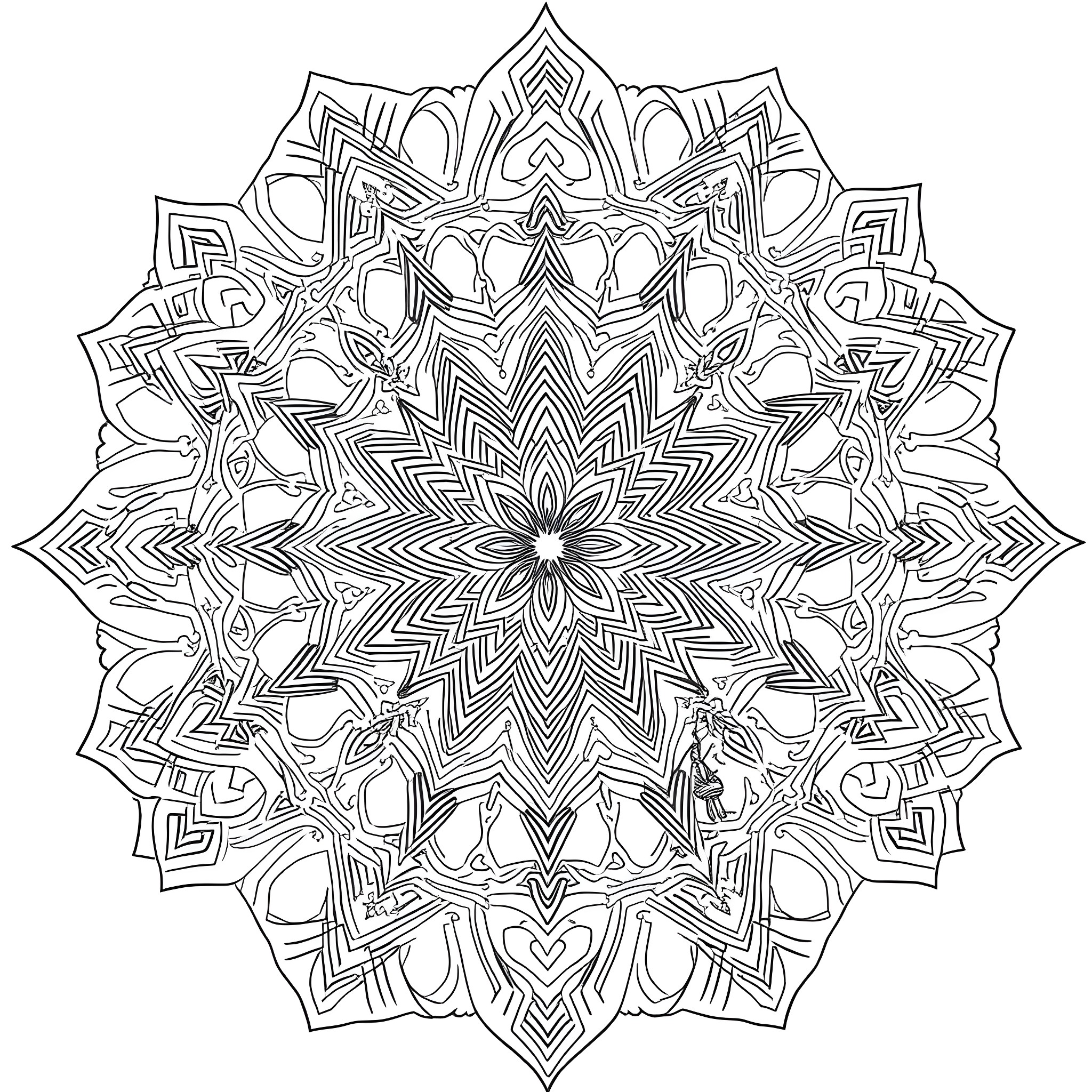 Islamic Pattern of Intricate Geometric Designs Coloring Page (free black-and-white line drawing printable PDF for all, from beginners to advanced learners, including children, teens, adults, and seniors)