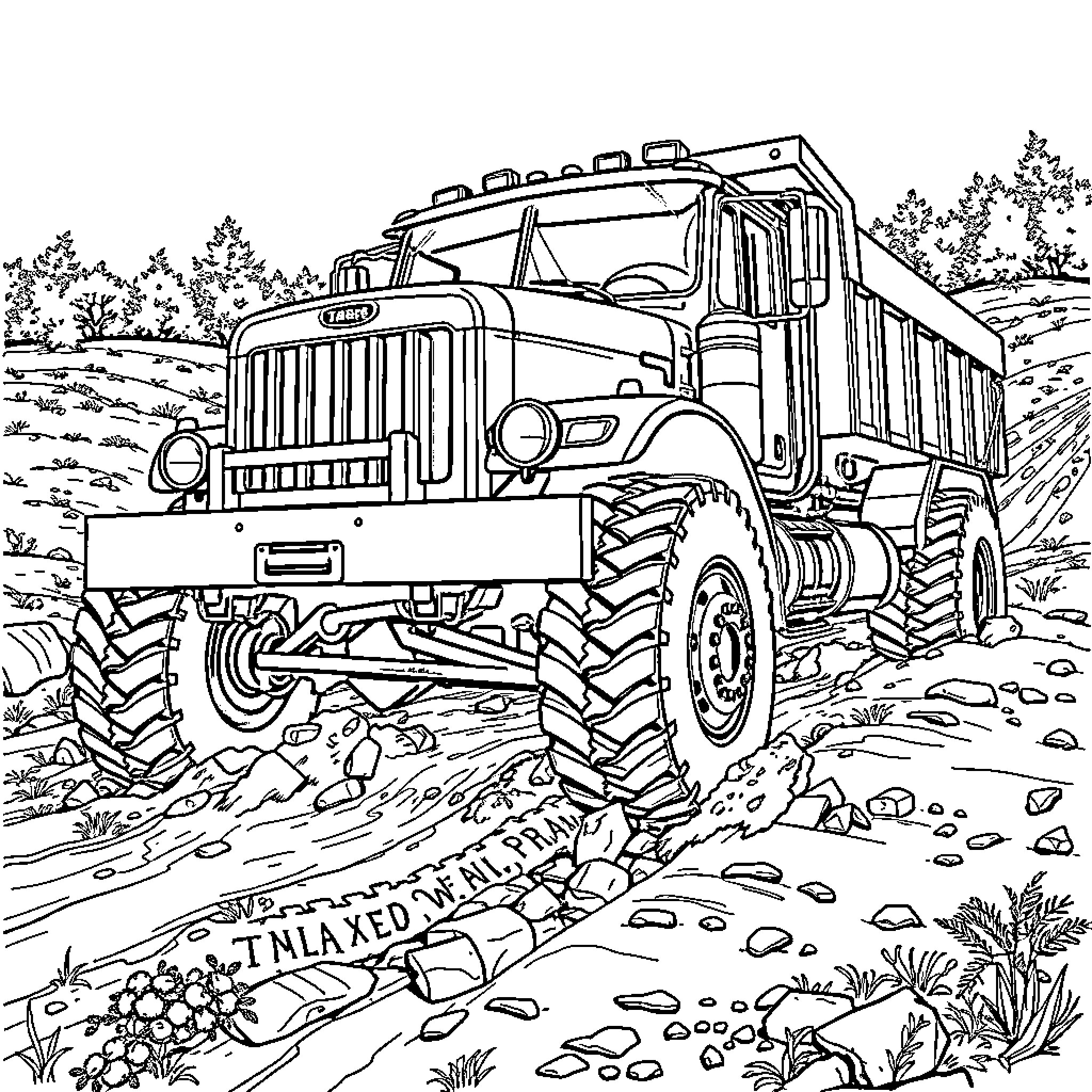 Truck Traversing Rugged Terrain in Forested Landscape Coloring Page (free black-and-white line drawing printable PDF for all, from beginners to advanced learners, including children, teens, adults, and seniors)