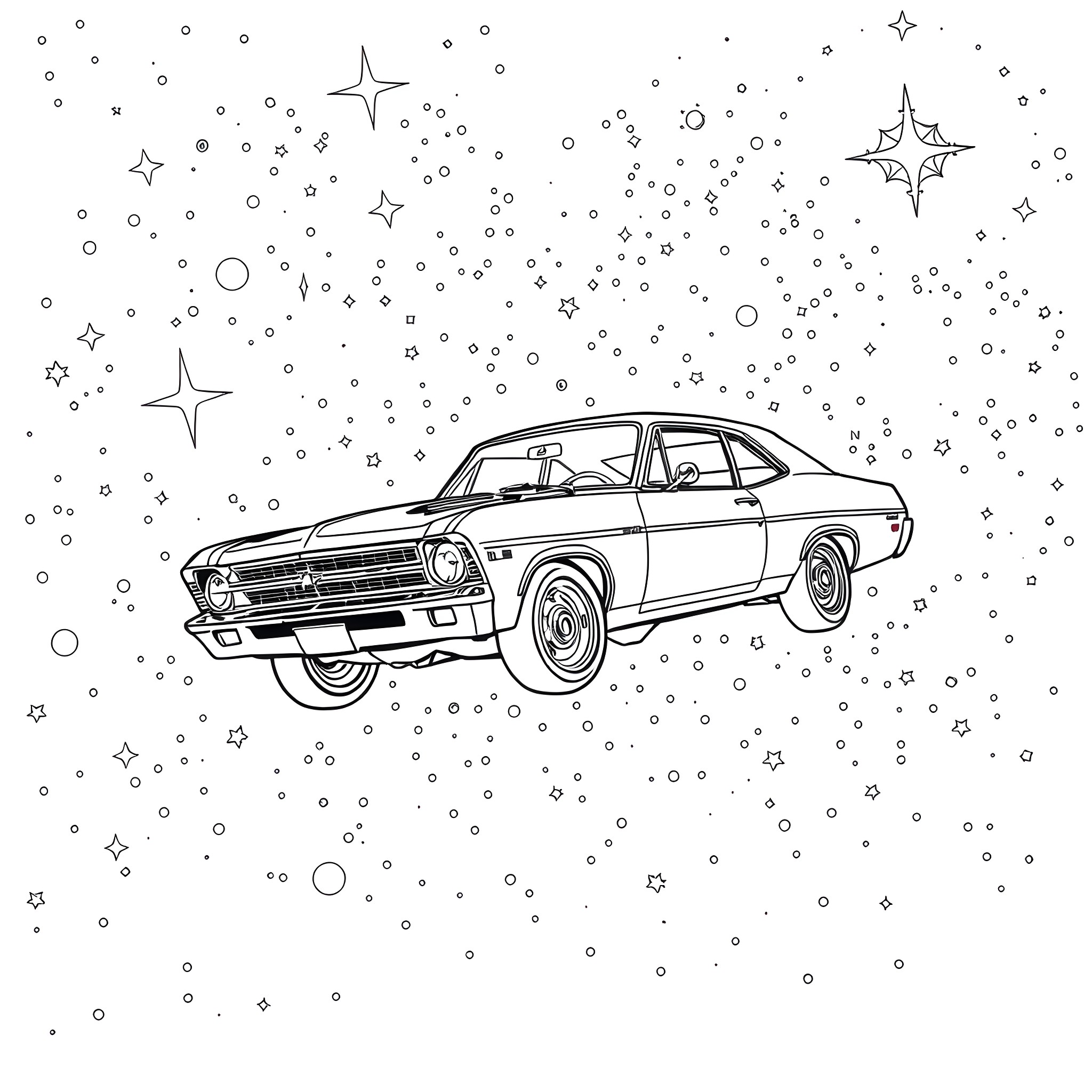 Chevy Nova racing through a starry night Coloring Page (free black-and-white line drawing printable PDF for all, from beginners to advanced learners, including children, teens, adults, and seniors)