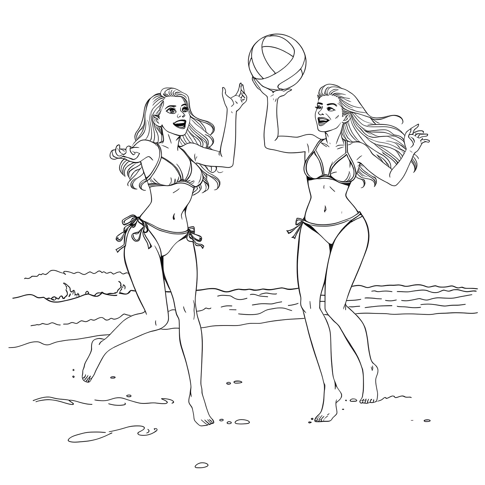 Girls playing with beach ball by the ocean Coloring Page (free black-and-white line drawing printable PDF for all, from beginners to advanced learners, including children, teens, adults, and seniors)