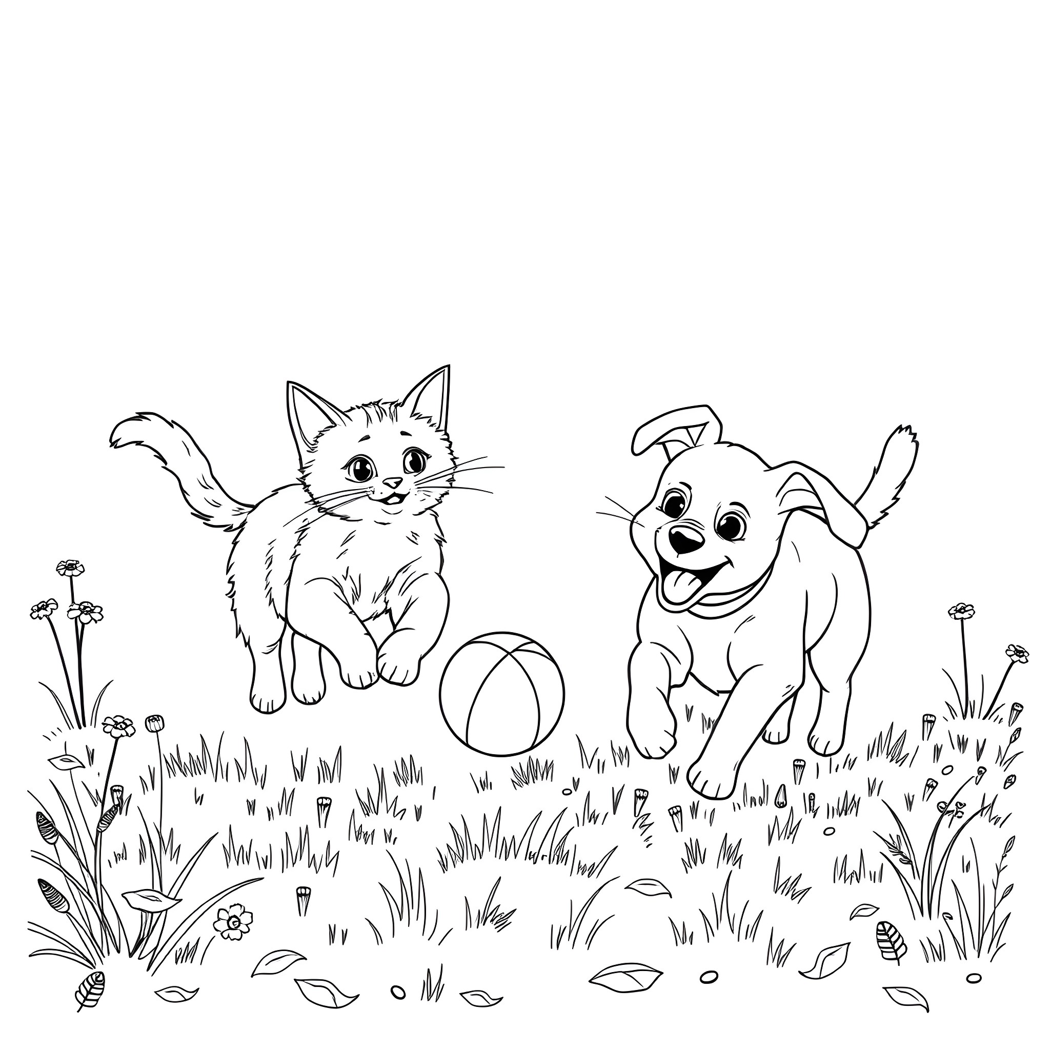 Cat and dog playing together in the grass Coloring Page (free black-and-white line drawing printable PDF for all, from beginners to advanced learners, including children, teens, adults, and seniors)