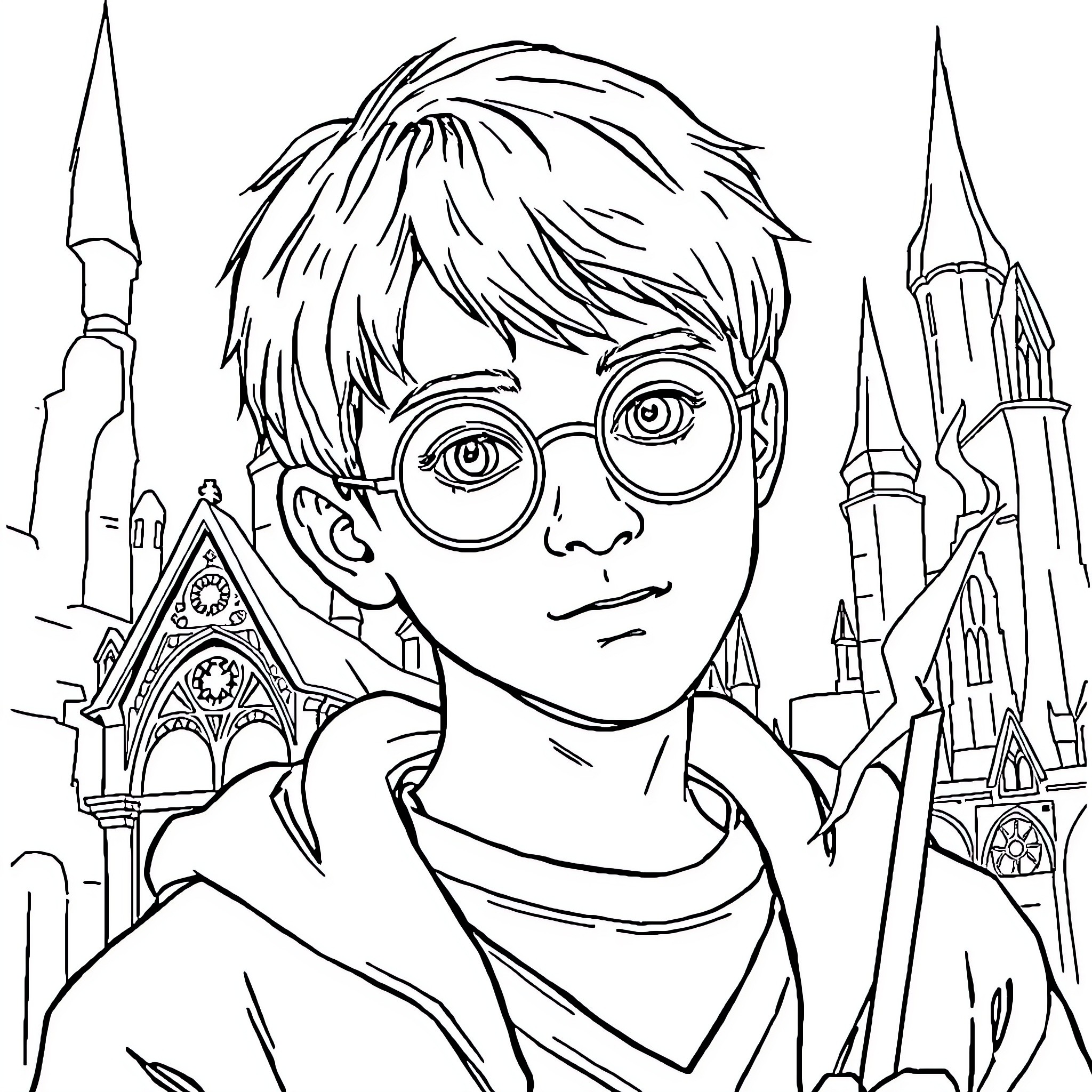 Harry Potter exploring the magical world Coloring Page (free black-and-white line drawing printable PDF for all, from beginners to advanced learners, including children, teens, adults, and seniors)