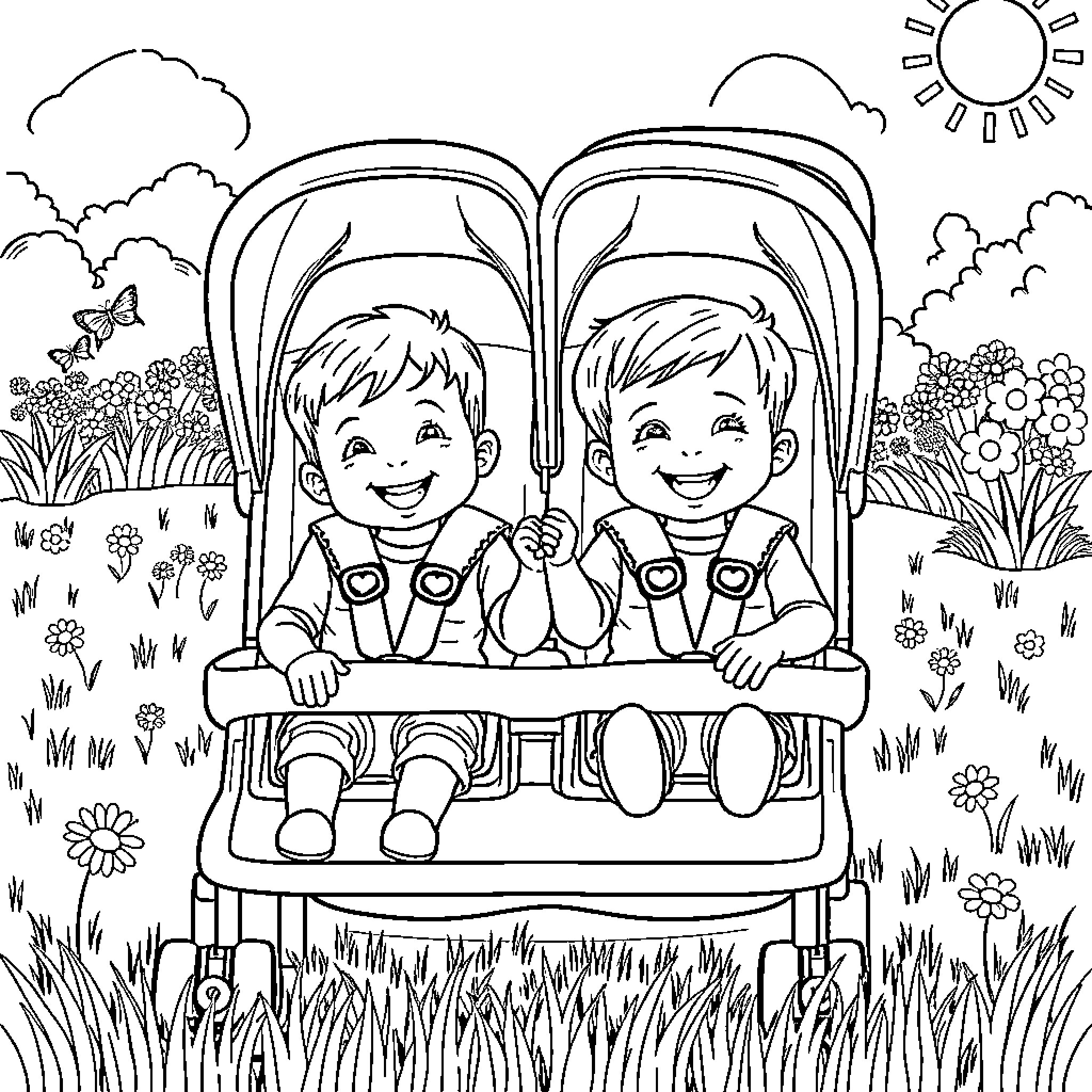 Kid siblings enjoying sunny outdoor playtime Coloring Page (free black-and-white line drawing printable PDF for all, from beginners to advanced learners, including children, teens, adults, and seniors)