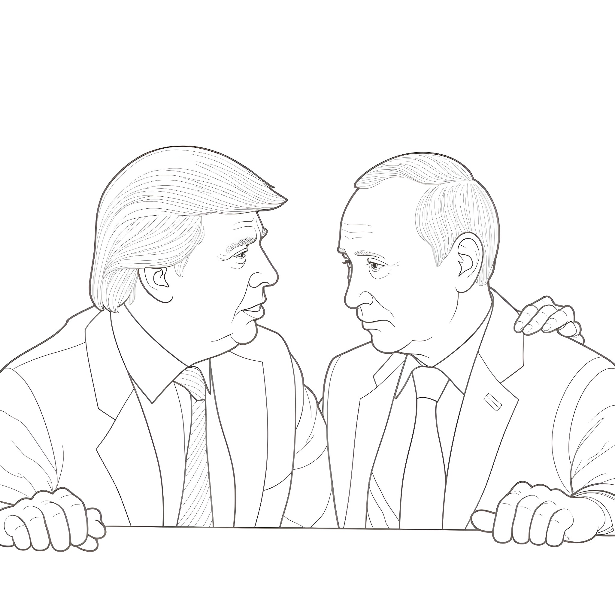 Trump and Putin in confrontational discussion Coloring Page (free black-and-white line drawing printable PDF for all, from beginners to advanced learners, including children, teens, adults, and seniors)