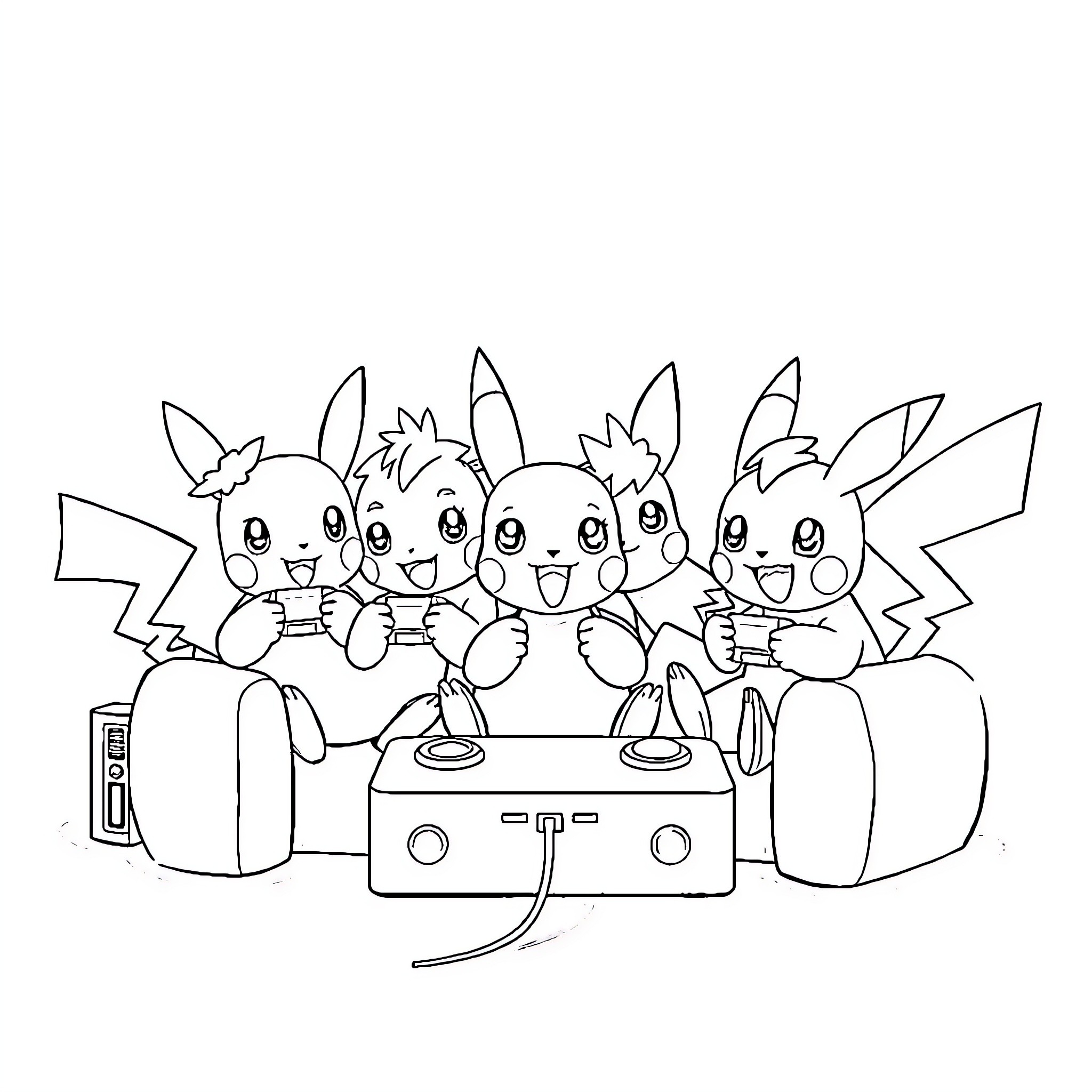 Pokémon characters playing video games together Coloring Page (free black-and-white line drawing printable PDF for all, from beginners to advanced learners, including children, teens, adults, and seniors)