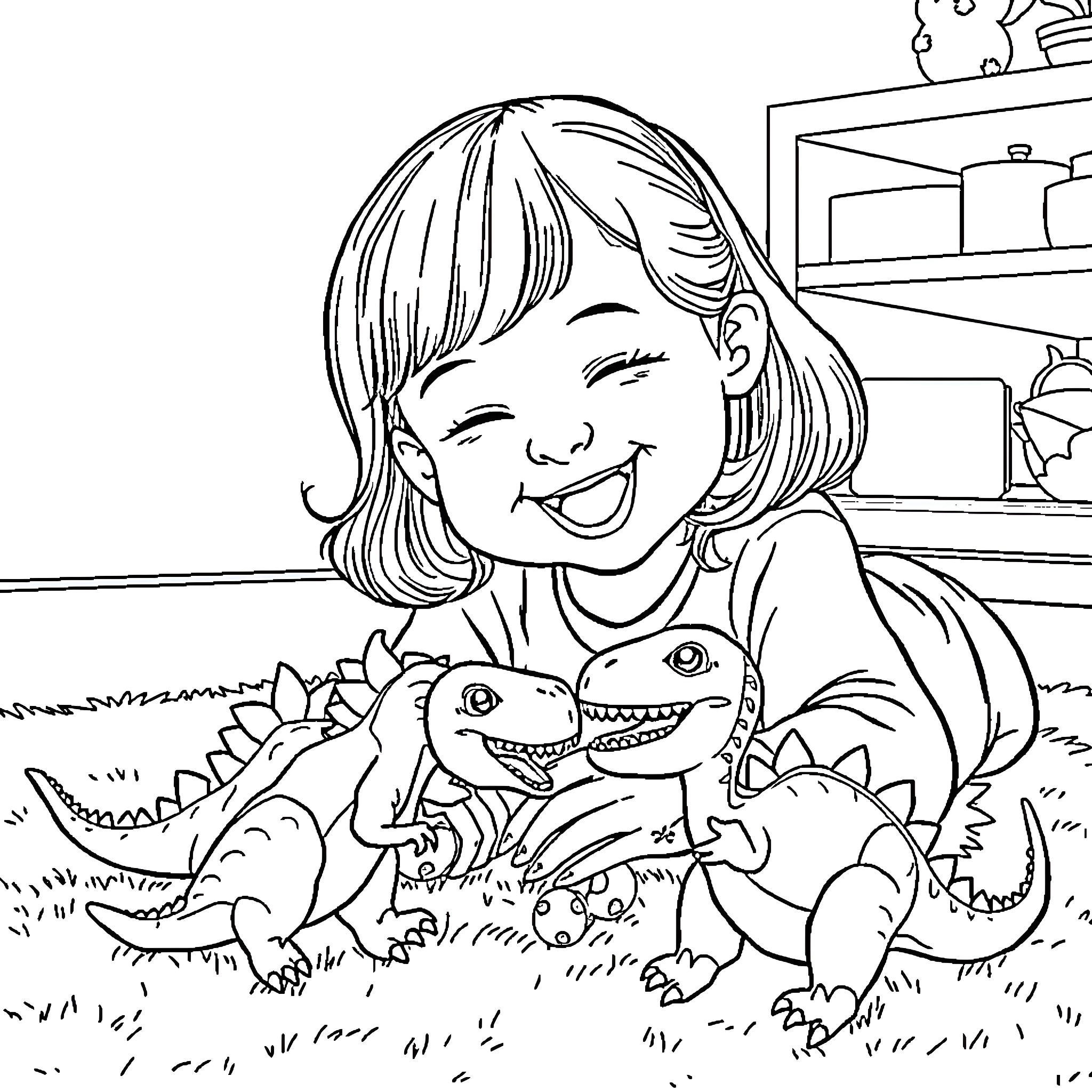 Girl playing happily with toy dinosaurs Coloring Page (free black-and-white line drawing printable PDF for all, from beginners to advanced learners, including children, teens, adults, and seniors)