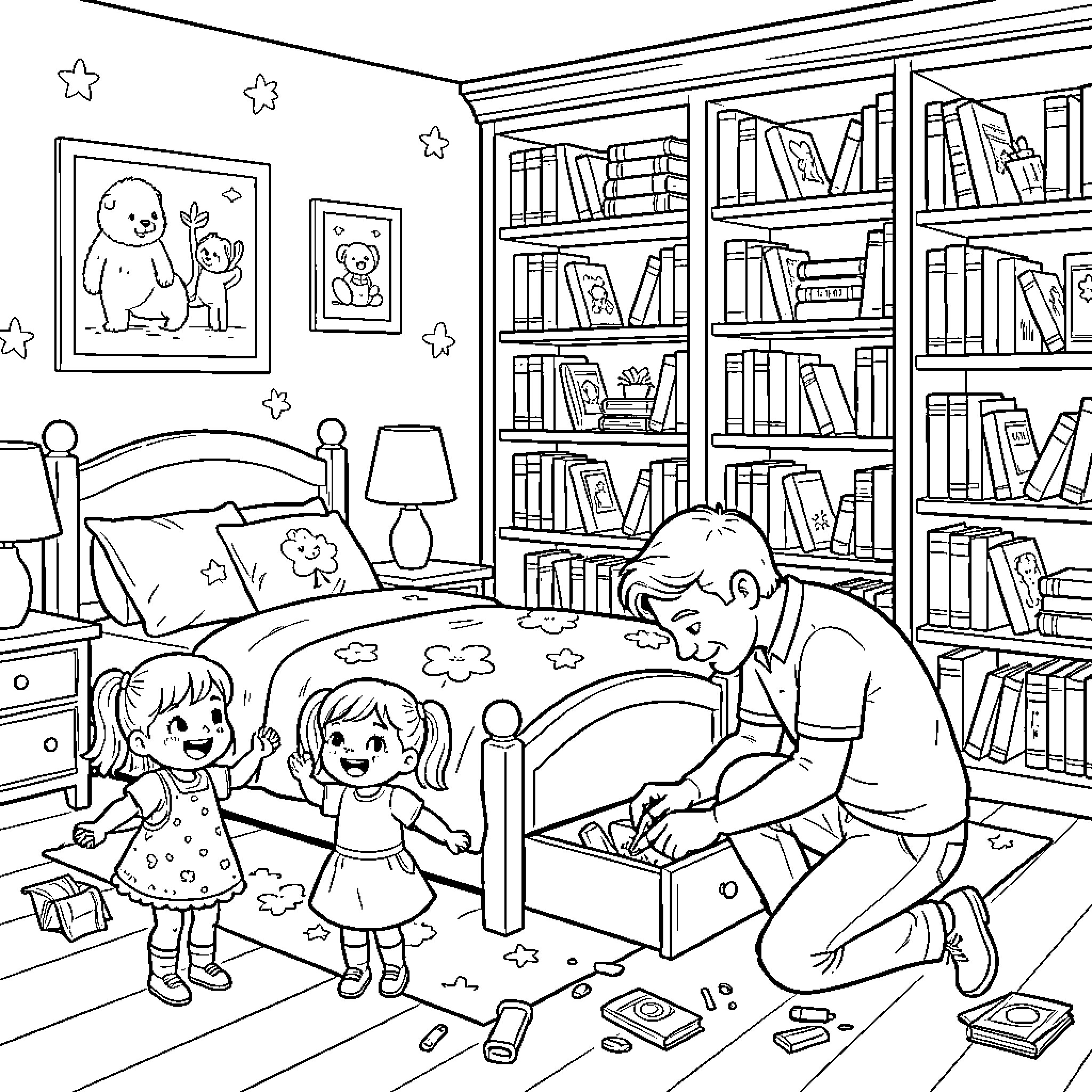 Fille and father playing with toys in bedroom Coloring Page (free black-and-white line drawing printable PDF for all, from beginners to advanced learners, including children, teens, adults, and seniors)