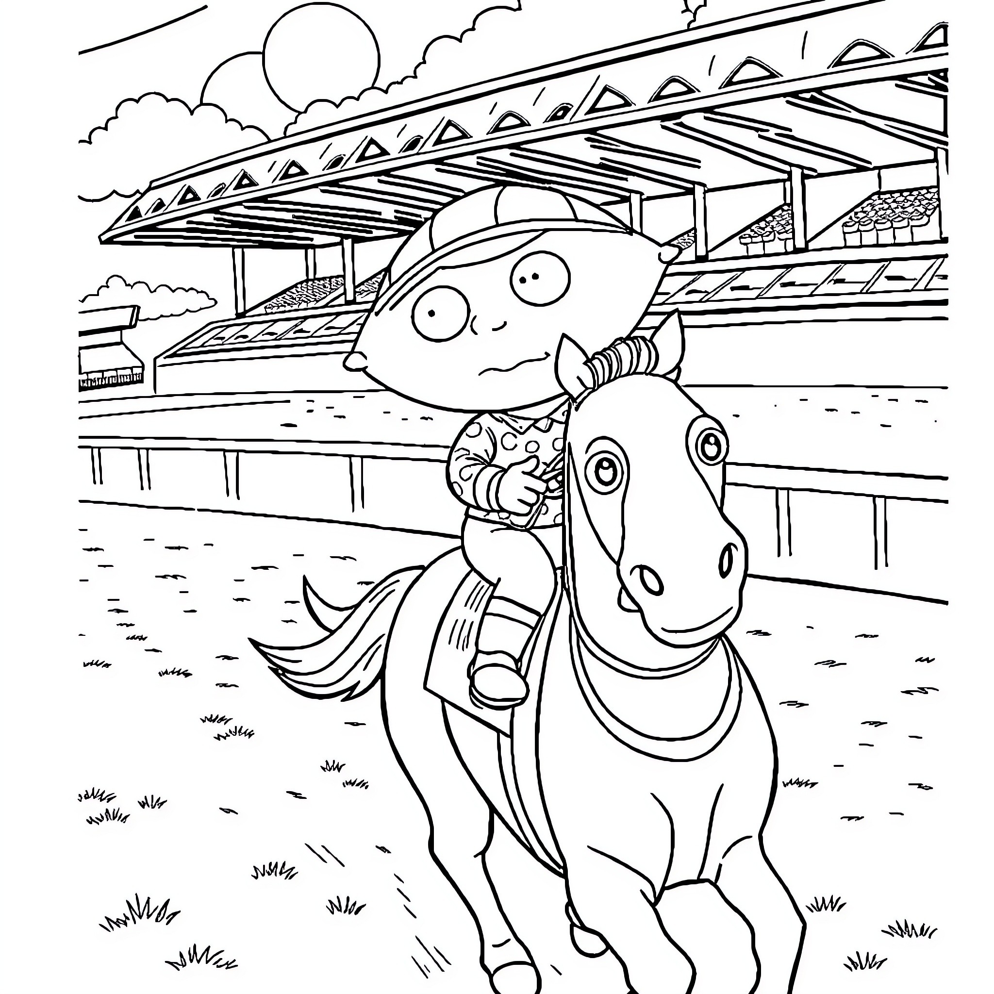 Stewie Griffin's Whimsical Adventure with a Friendly Horse Coloring Page (free black-and-white line drawing printable PDF for all, from beginners to advanced learners, including children, teens, adults, and seniors)