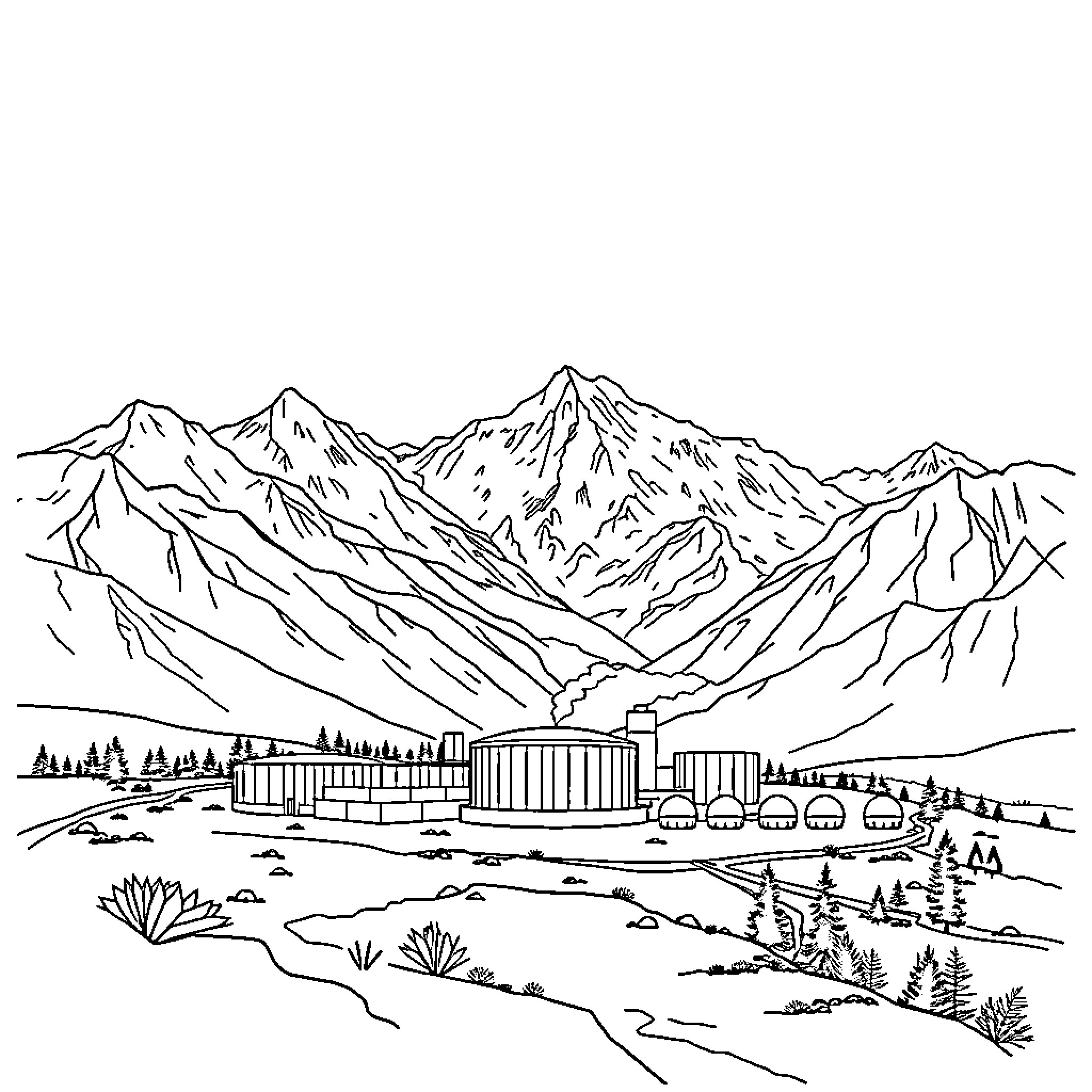 Geothermal Energy Plant in Scenic Mountain Landscape Coloring Page (free black-and-white line drawing printable PDF for all, from beginners to advanced learners, including children, teens, adults, and seniors)