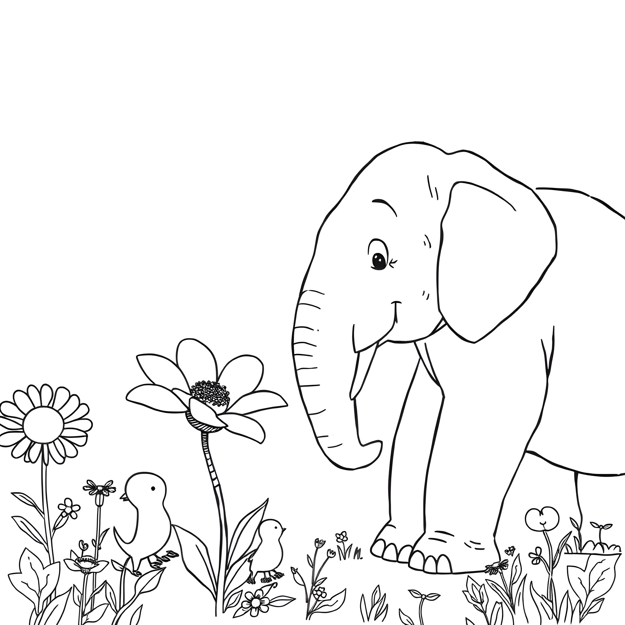 Horton the Elephant surrounded by flowers and nature Coloring Page (free black-and-white line drawing printable PDF for all, from beginners to advanced learners, including children, teens, adults, and seniors)