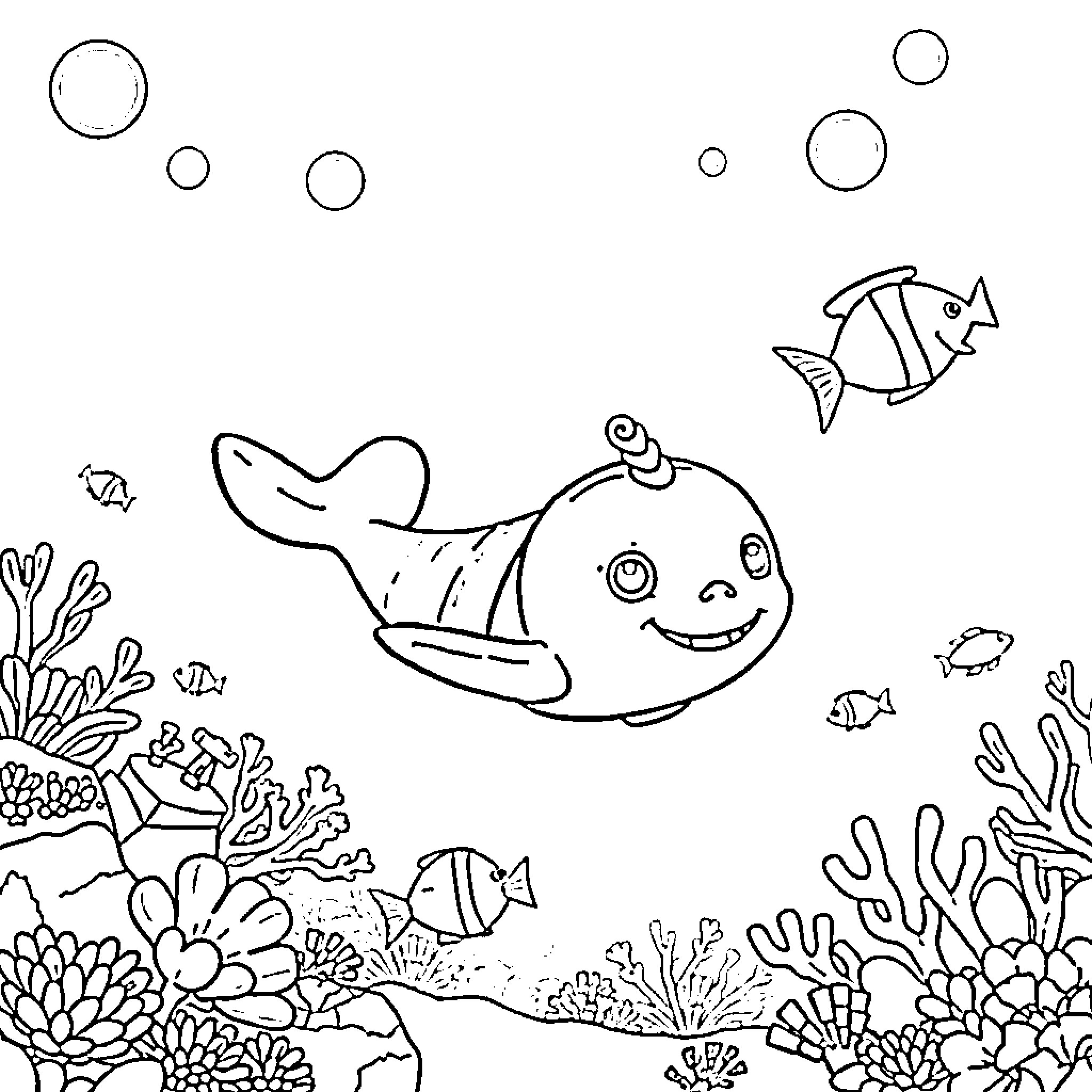 Shelington's underwater adventure with marine creatures Coloring Page (free black-and-white line drawing printable PDF for all, from beginners to advanced learners, including children, teens, adults, and seniors)