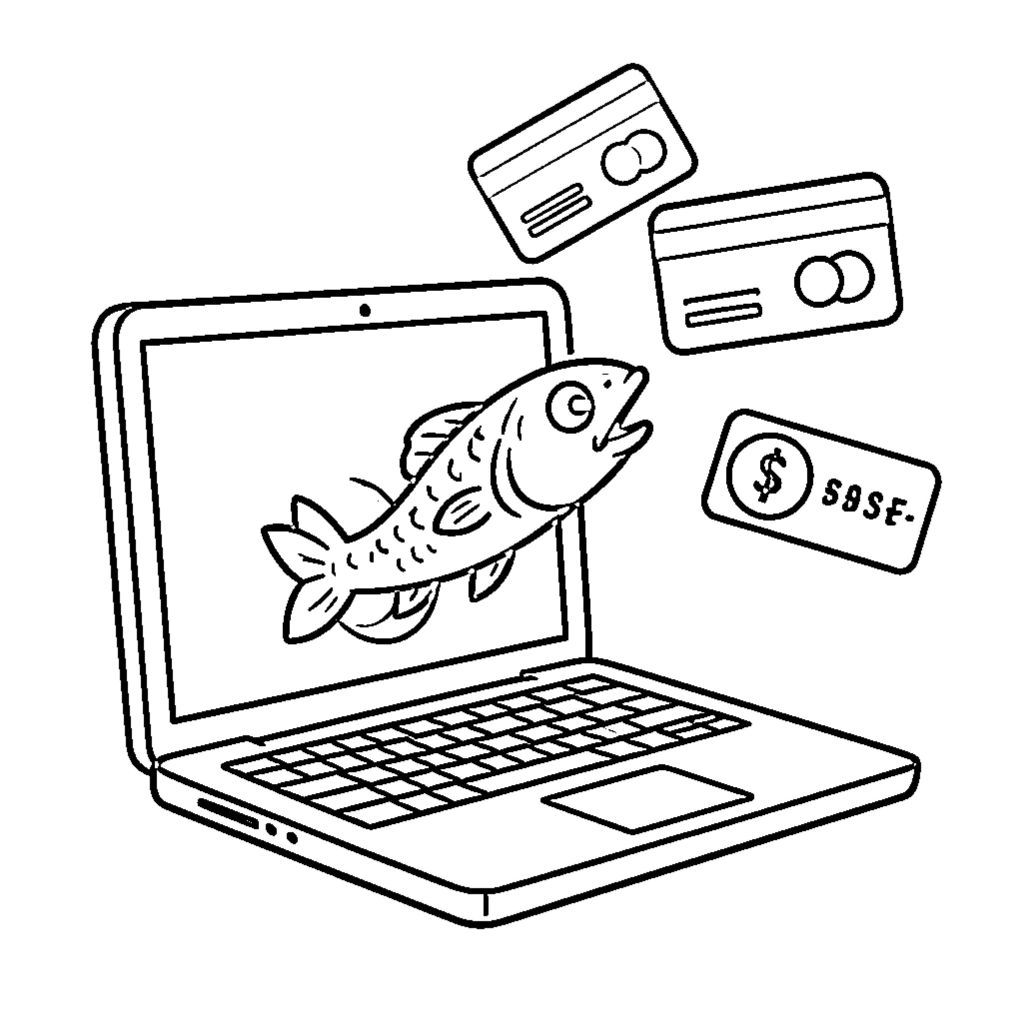 Fish Hook Attracts Online Shoppers Coloring Page (free black-and-white line drawing printable PDF for all, from beginners to advanced learners, including children, teens, adults, and seniors)