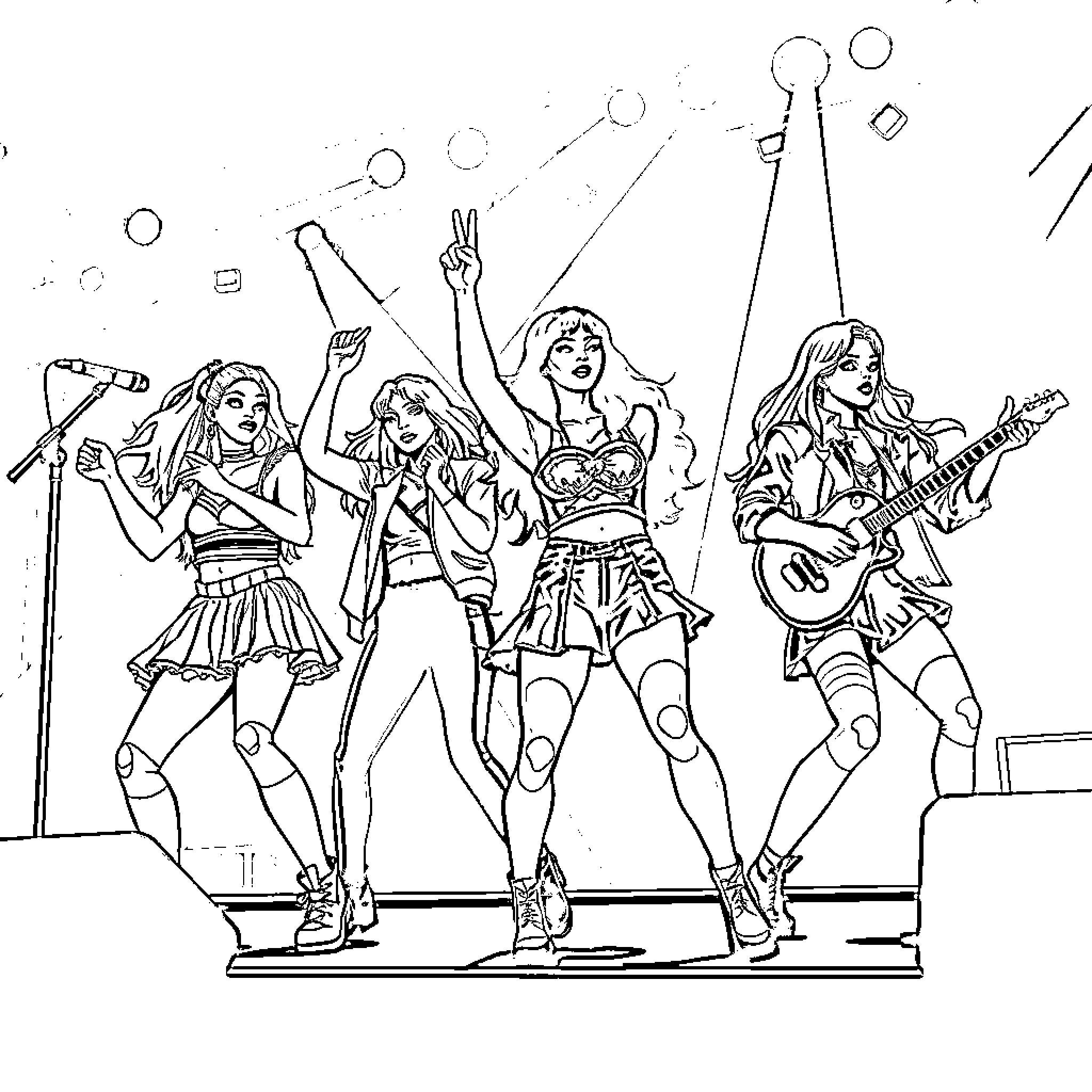 K Pop Warrior Band Rocking the Stage Coloring Page (free black-and-white line drawing printable PDF for all, from beginners to advanced learners, including children, teens, adults, and seniors)