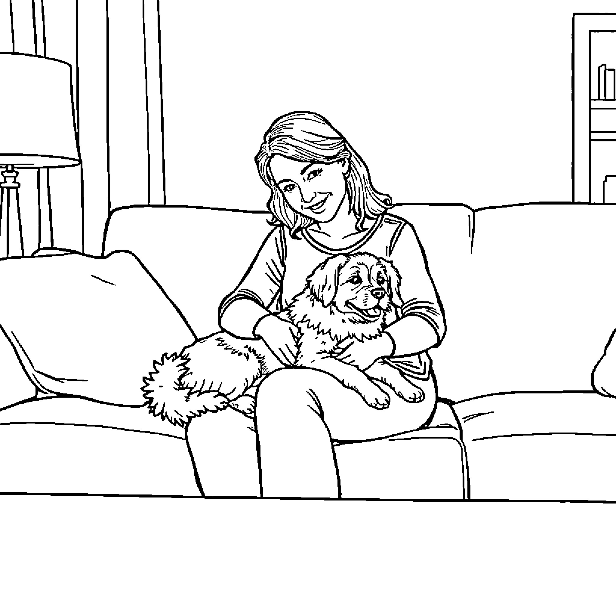 Mom relaxes with her loyal companion Coloring Page (free black-and-white line drawing printable PDF for all, from beginners to advanced learners, including children, teens, adults, and seniors)