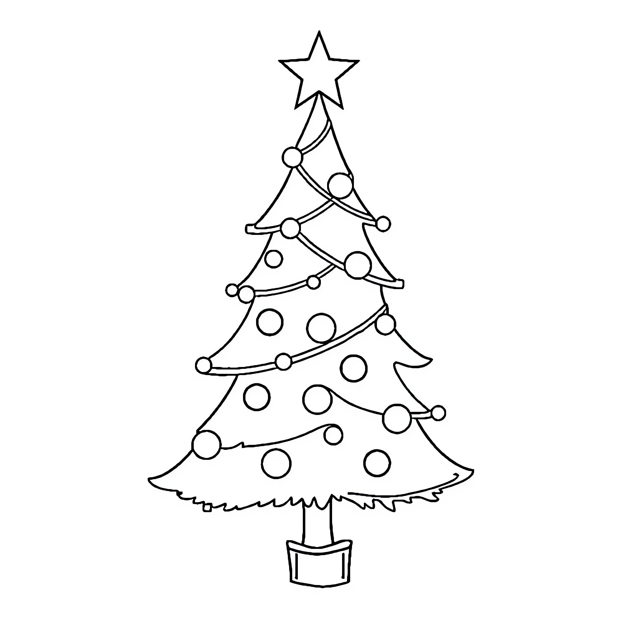 Christmas Tree with Decorative Ornaments Coloring Page (free black-and-white line drawing printable PDF for all, from beginners to advanced learners, including children, teens, adults, and seniors)