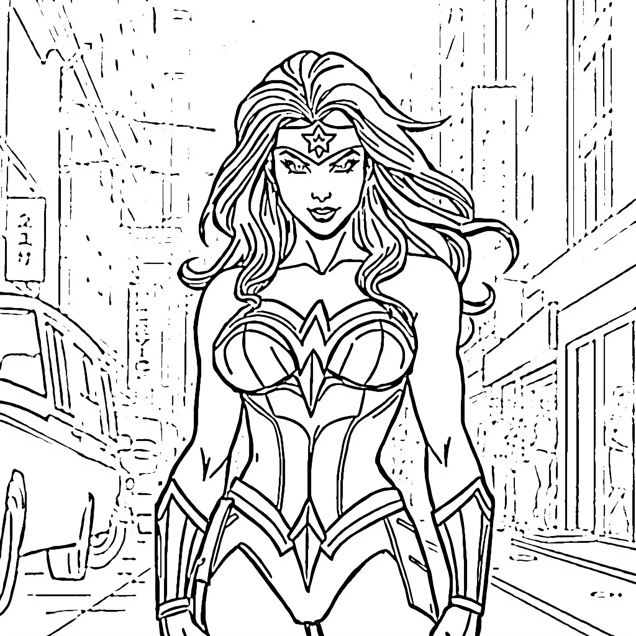 Wonder Woman in fierce battle stance Coloring Page (free black-and-white line drawing printable PDF for all, from beginners to advanced learners, including children, teens, adults, and seniors)