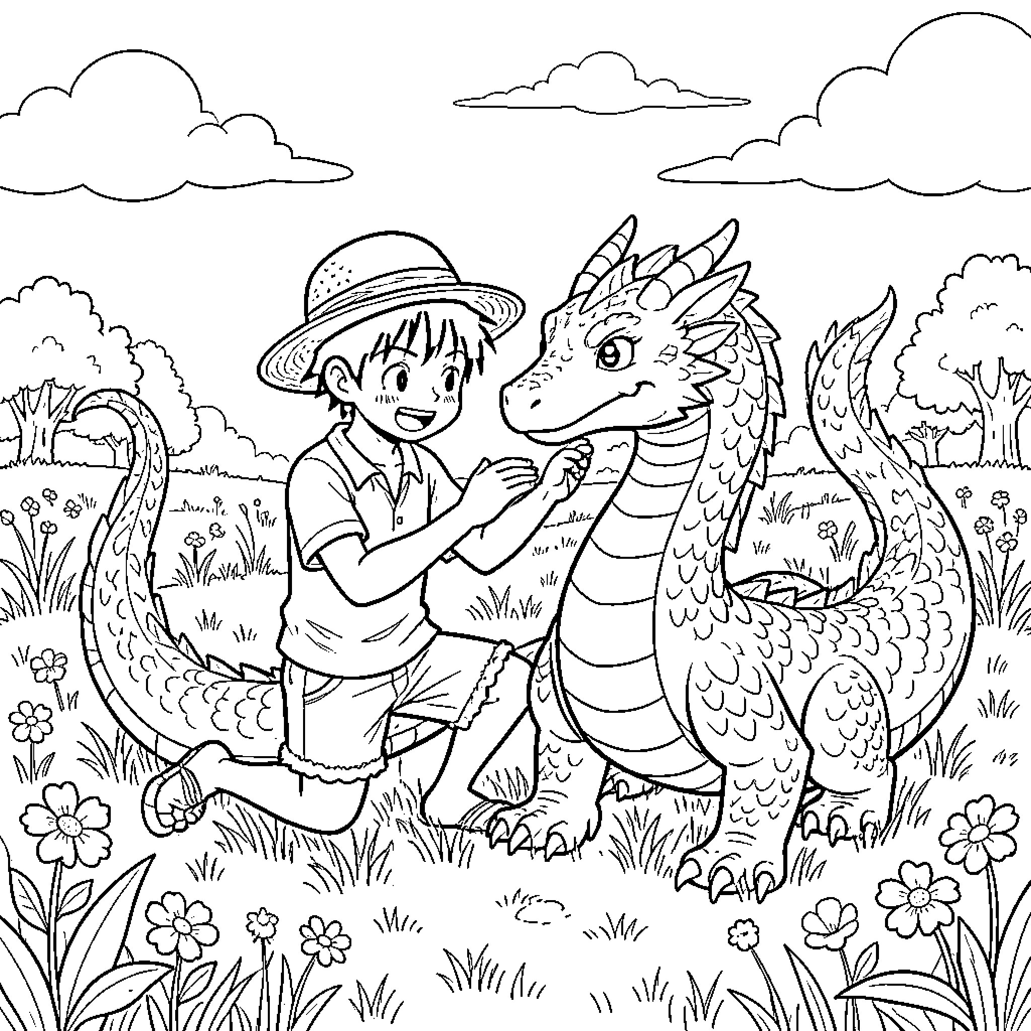 Luffy interacting joyfully with a friendly dragon Coloring Page (free black-and-white line drawing printable PDF for all, from beginners to advanced learners, including children, teens, adults, and seniors)