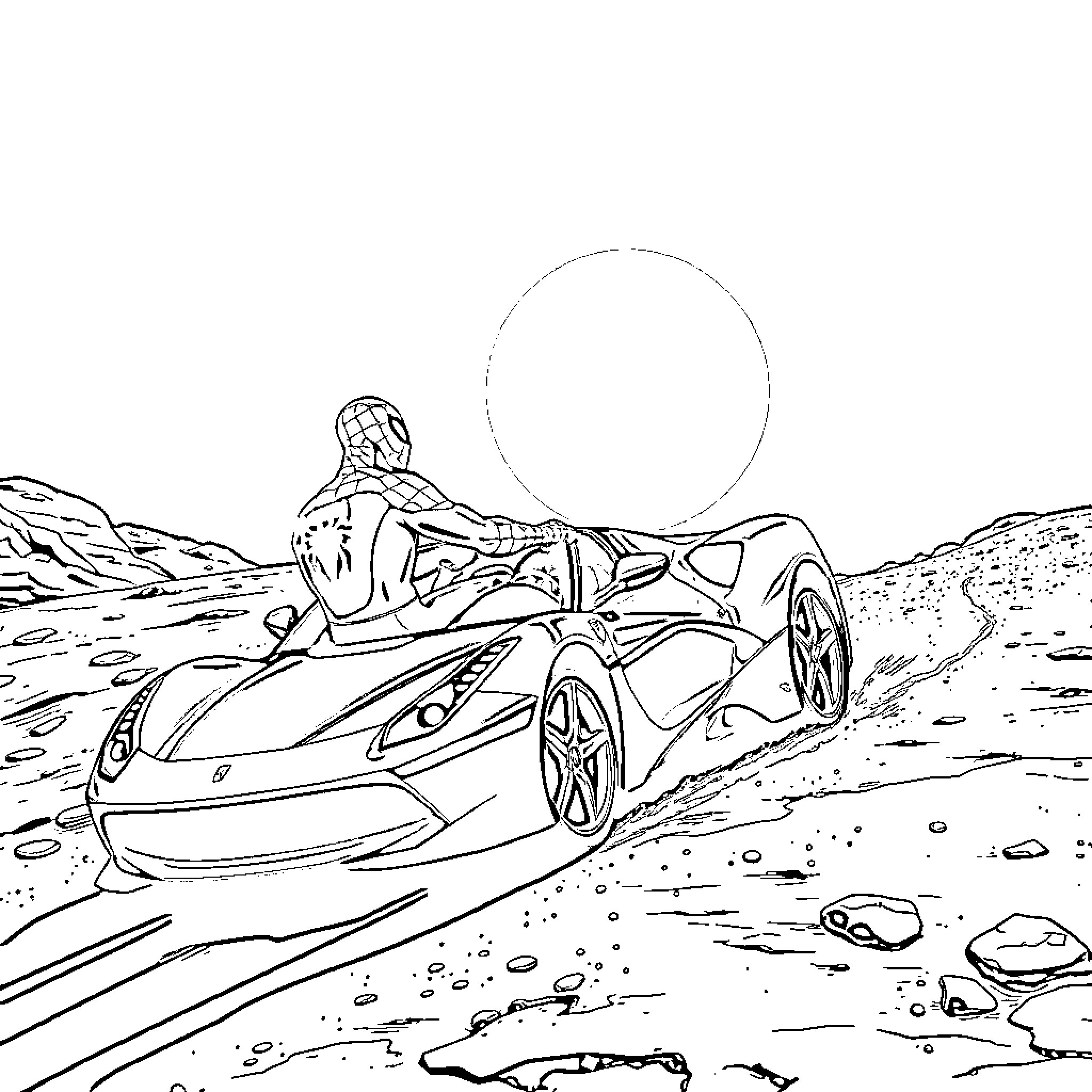 Spiderman driving a futuristic sports car in a desert landscape Coloring Page (free black-and-white line drawing printable PDF for all, from beginners to advanced learners, including children, teens, adults, and seniors)