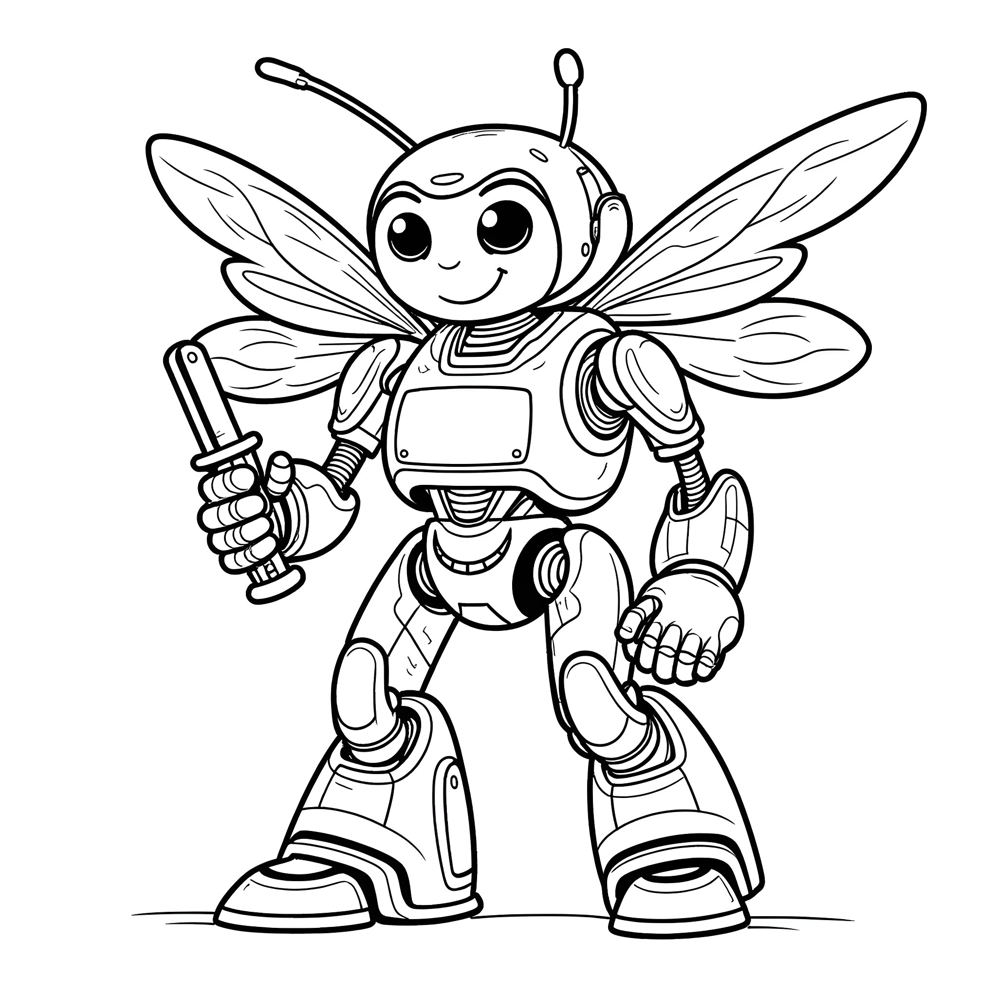 Bumblebee robot with tools exploring the world Coloring Page (free black-and-white line drawing printable PDF for all, from beginners to advanced learners, including children, teens, adults, and seniors)