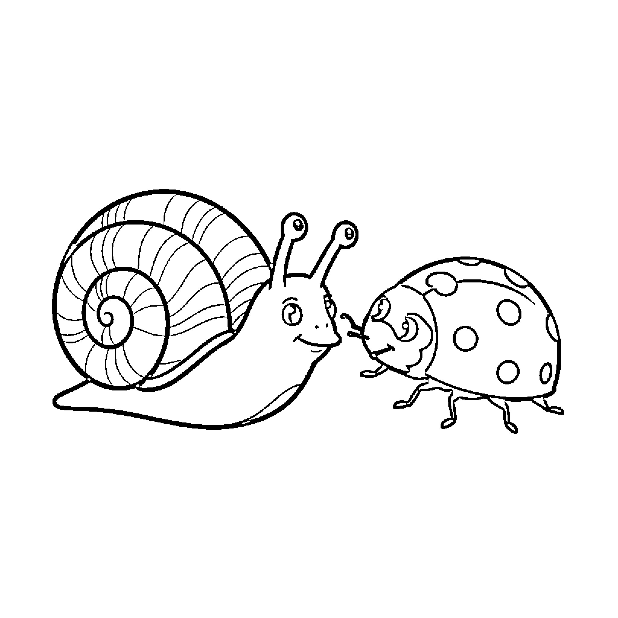 Snail smiling and interacting with a ladybug Coloring Page (free black-and-white line drawing printable PDF for all, from beginners to advanced learners, including children, teens, adults, and seniors)
