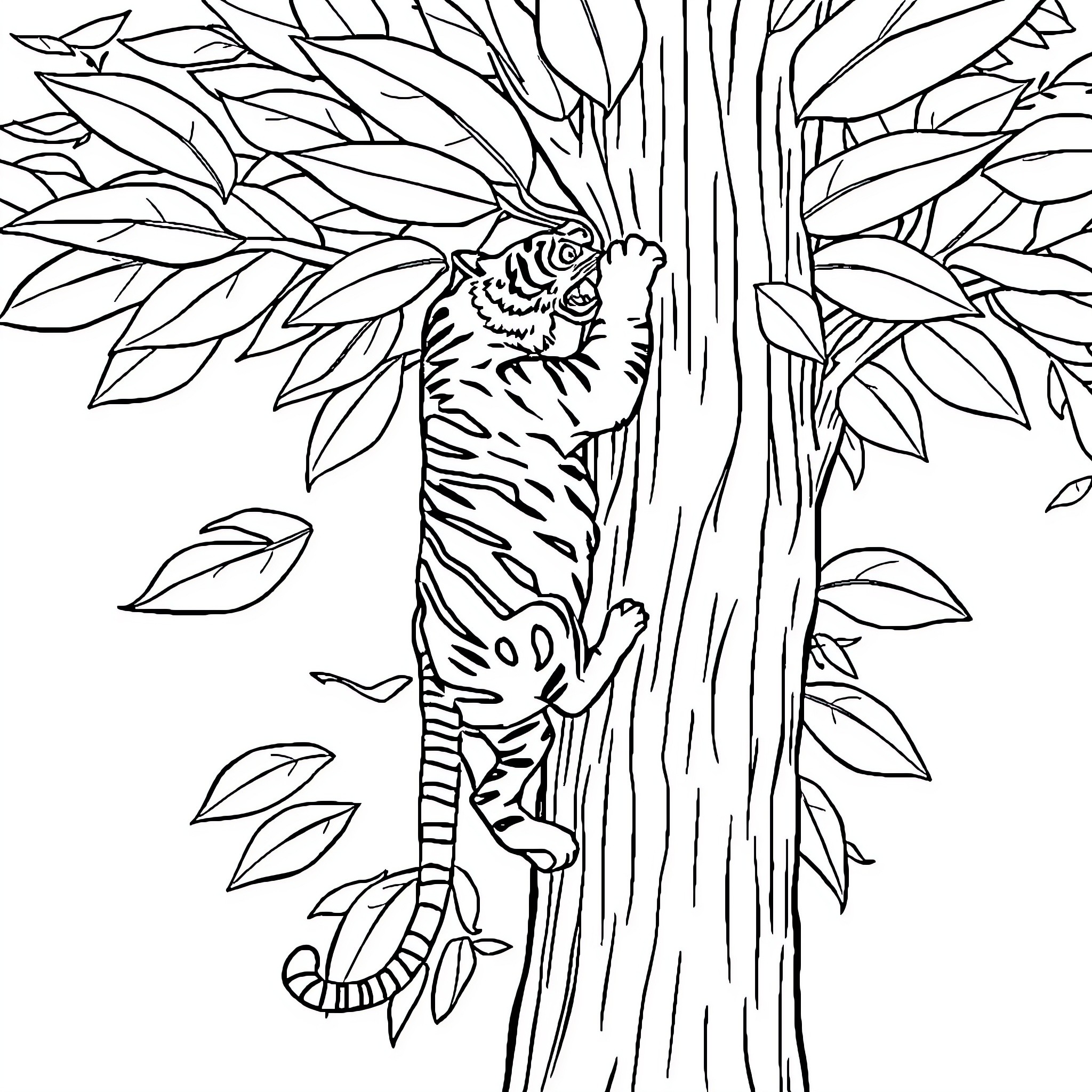 Tiger climbing up a tree in the jungle Coloring Page (free black-and-white line drawing printable PDF for all, from beginners to advanced learners, including children, teens, adults, and seniors)