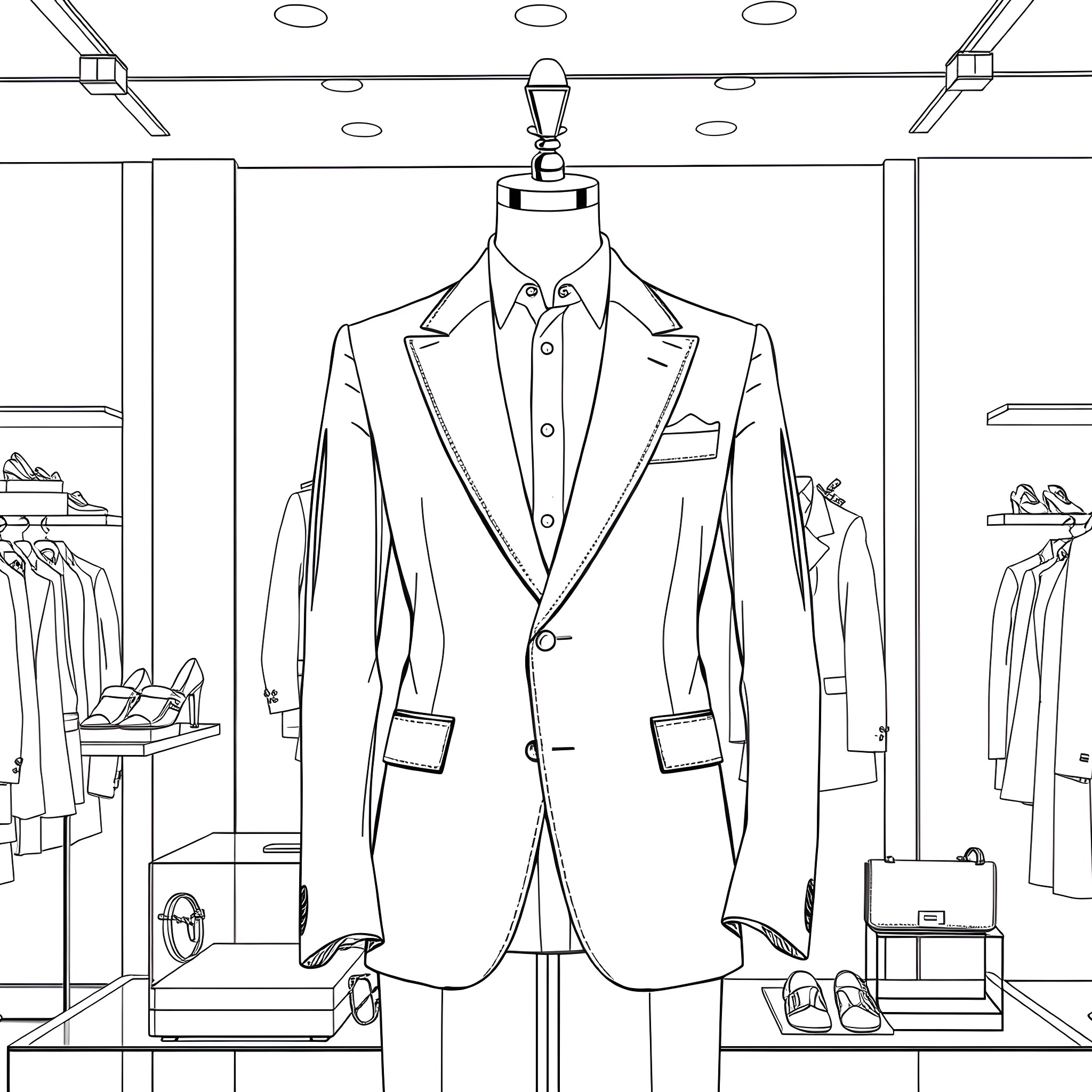 Blazer displayed prominently in a well-lit clothing store Coloring Page (free black-and-white line drawing printable PDF for all, from beginners to advanced learners, including children, teens, adults, and seniors)