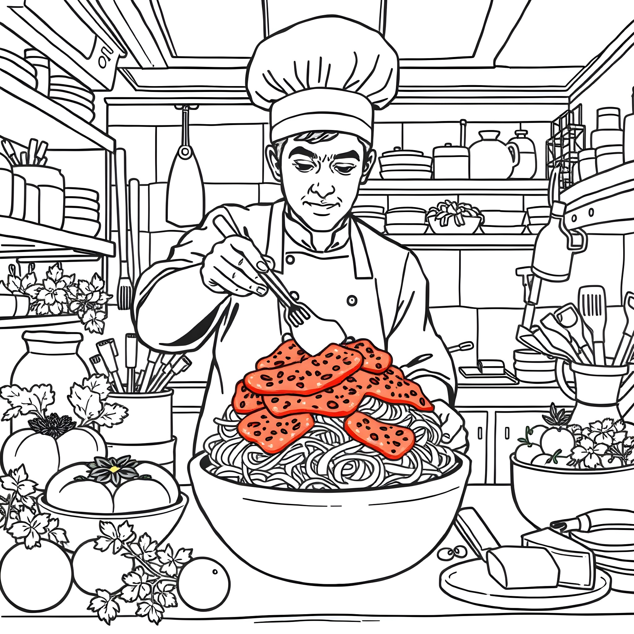 Cook preparing a delectable dish in the kitchen Coloring Page (free black-and-white line drawing printable PDF for all, from beginners to advanced learners, including children, teens, adults, and seniors)