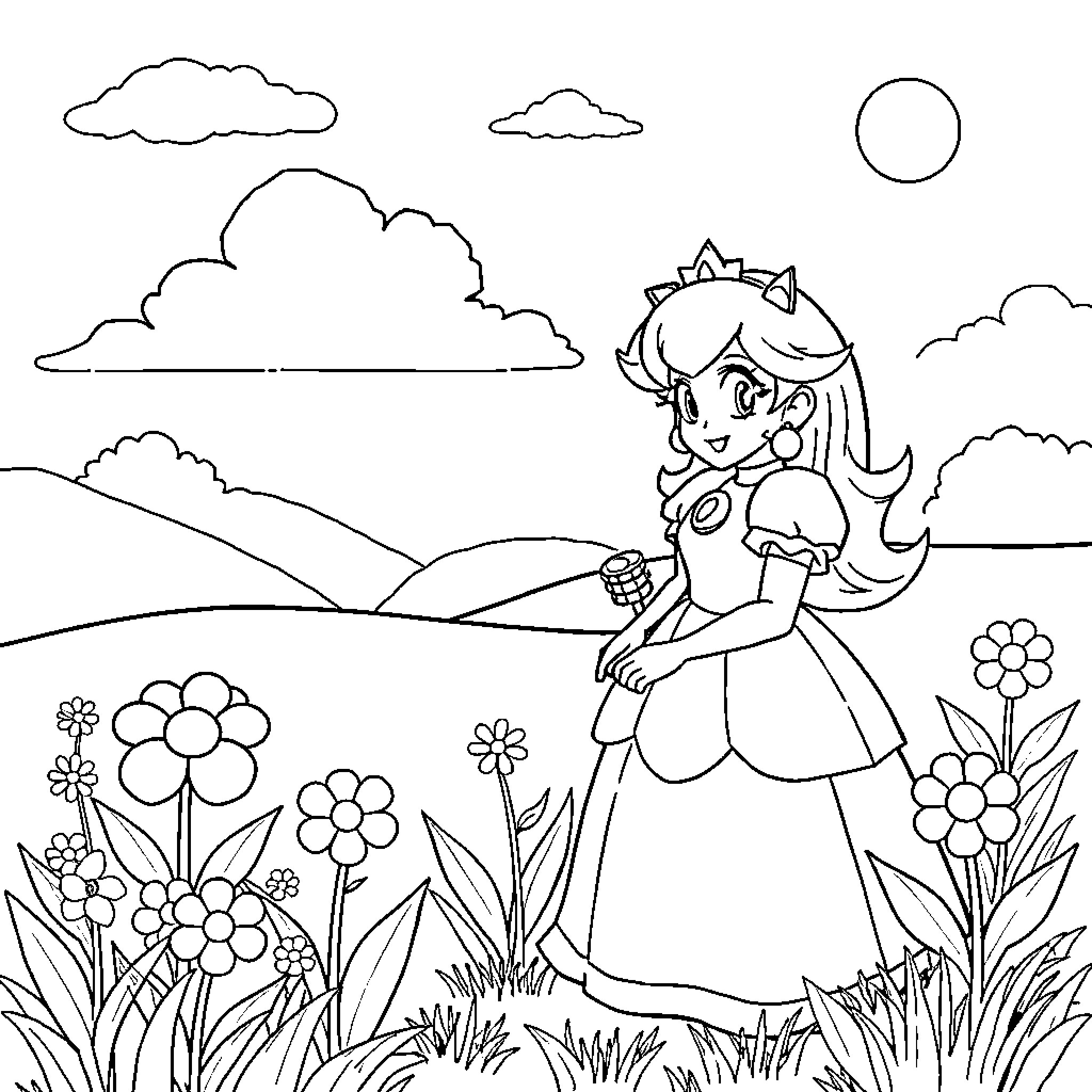 Princess in a Flower-Filled Meadow Coloring Page (free black-and-white line drawing printable PDF for all, from beginners to advanced learners, including children, teens, adults, and seniors)