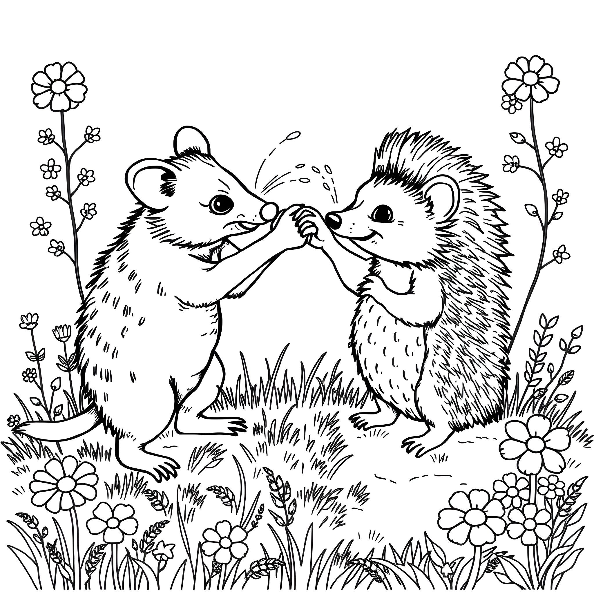 Opossum friends playing in the garden Coloring Page (free black-and-white line drawing printable PDF for all, from beginners to advanced learners, including children, teens, adults, and seniors)