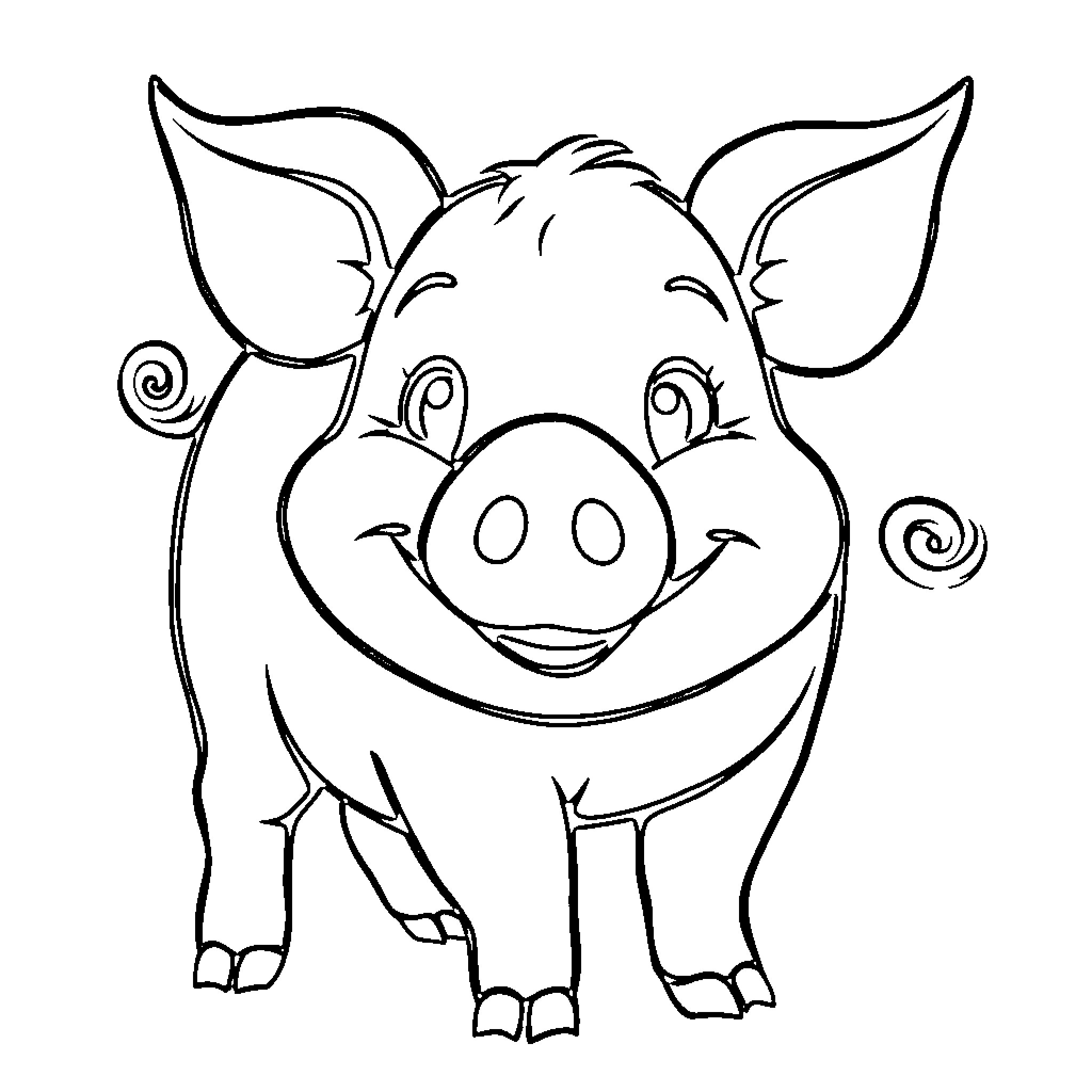 Pig smiling happily with playful expression Coloring Page (free black-and-white line drawing printable PDF for all, from beginners to advanced learners, including children, teens, adults, and seniors)