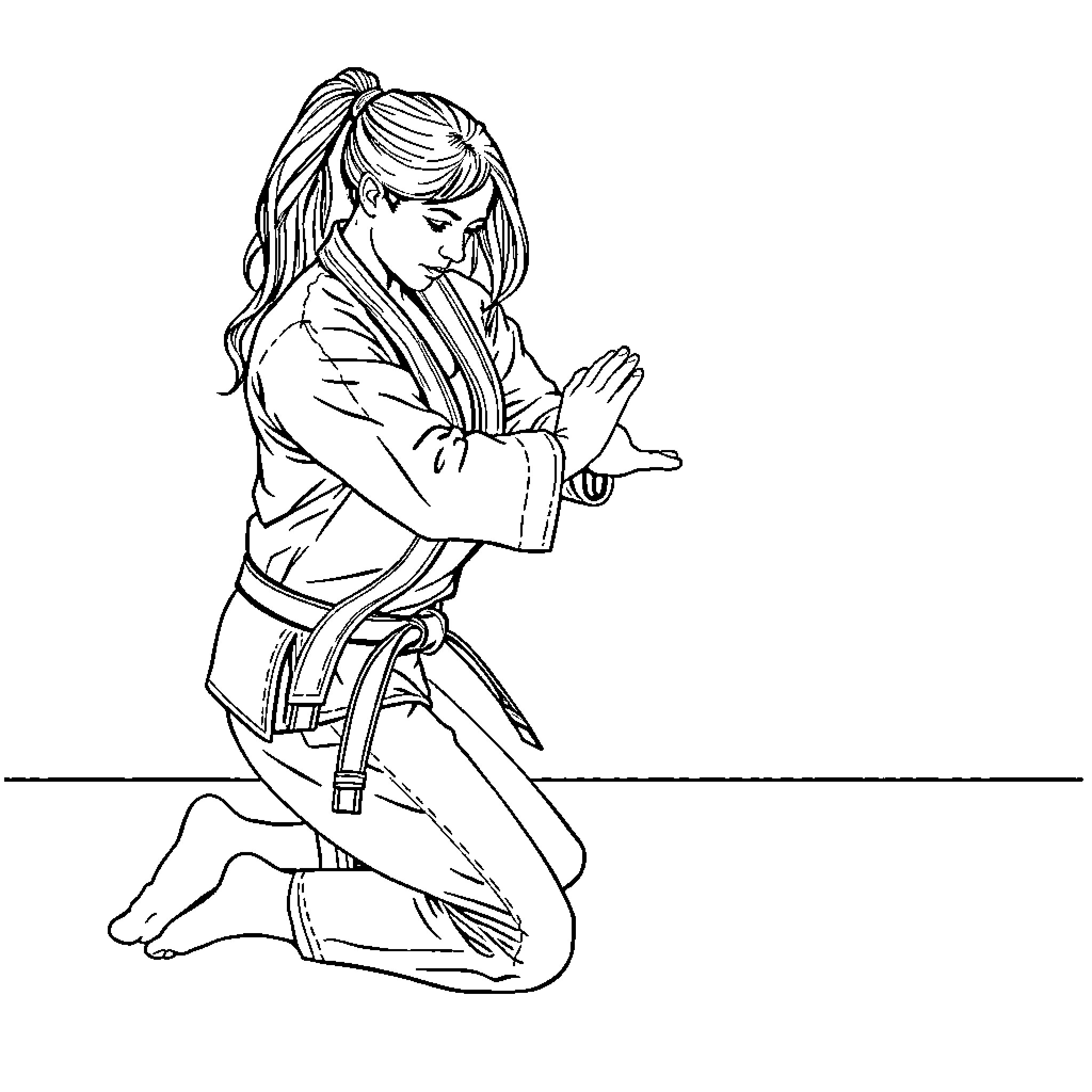 Instructor practicing martial arts in meditation pose Coloring Page (free black-and-white line drawing printable PDF for all, from beginners to advanced learners, including children, teens, adults, and seniors)