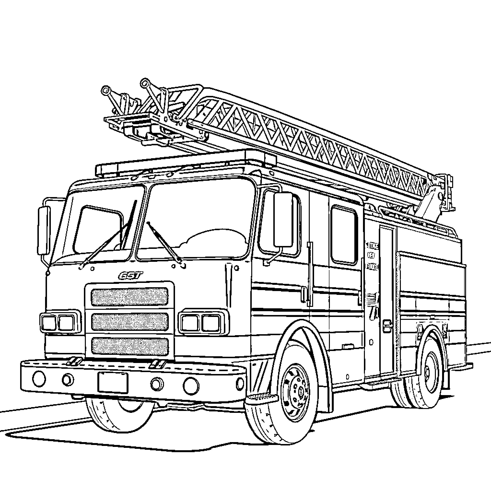 Fire Truck with Aerial Ladder Equipment Coloring Page (free black-and-white line drawing printable PDF for all, from beginners to advanced learners, including children, teens, adults, and seniors)