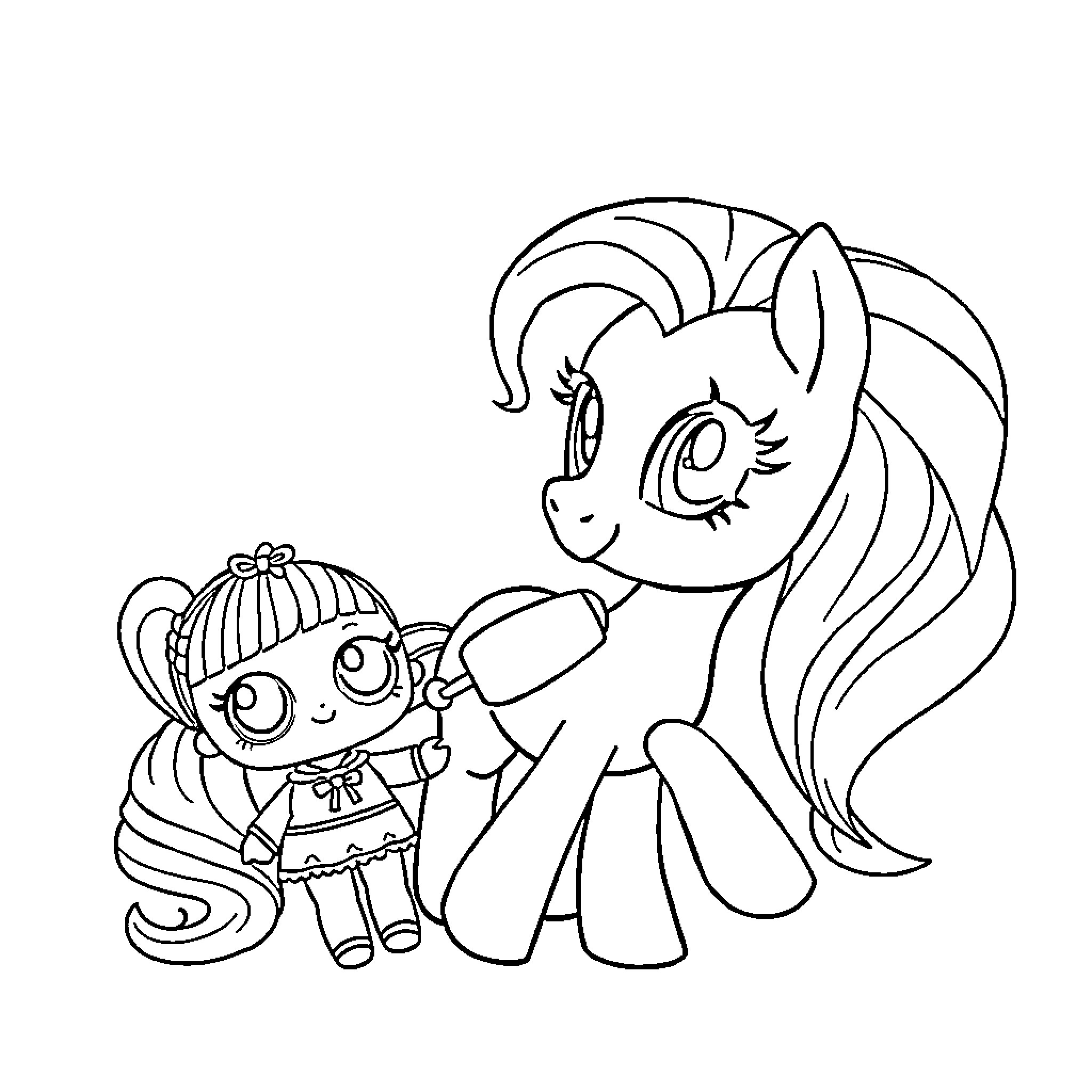 Pony helping a child in cute outfit Coloring Page (free black-and-white line drawing printable PDF for all, from beginners to advanced learners, including children, teens, adults, and seniors)