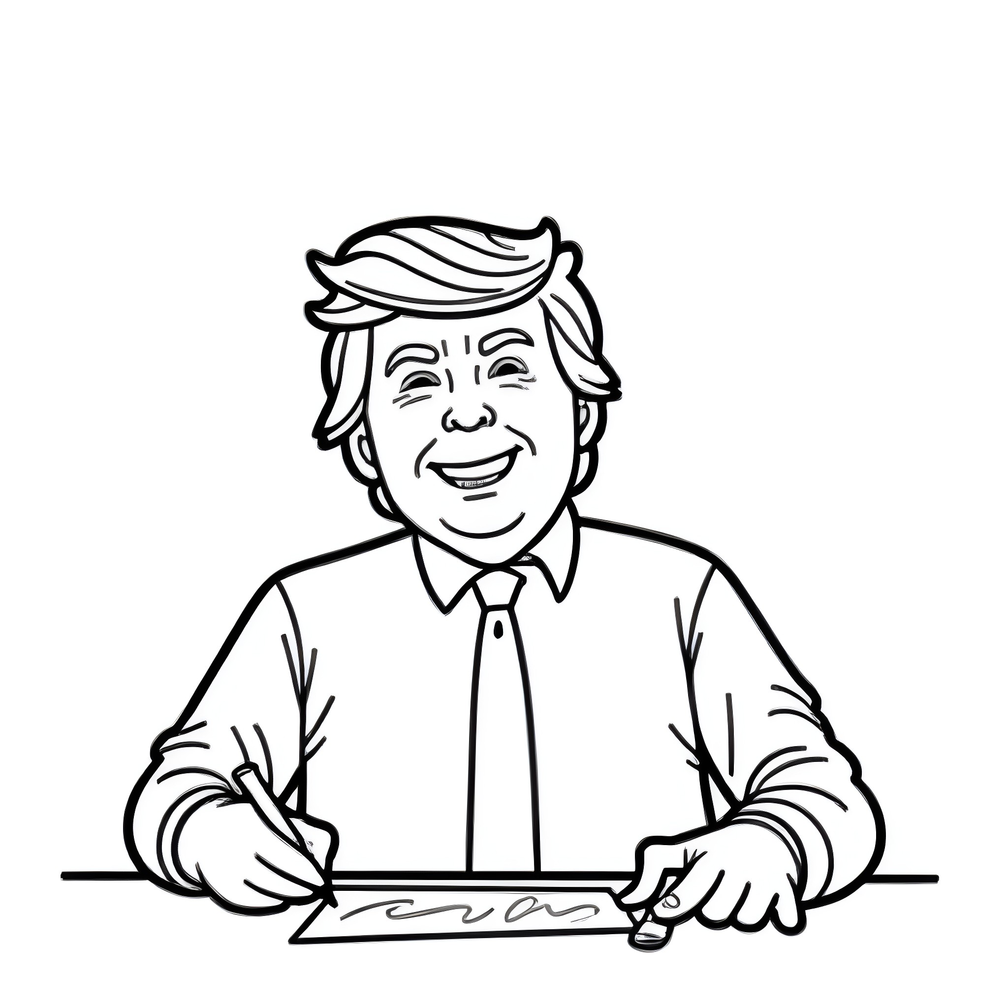 Donald Trump signing official documents with a smile Coloring Page (free black-and-white line drawing printable PDF for all, from beginners to advanced learners, including children, teens, adults, and seniors)