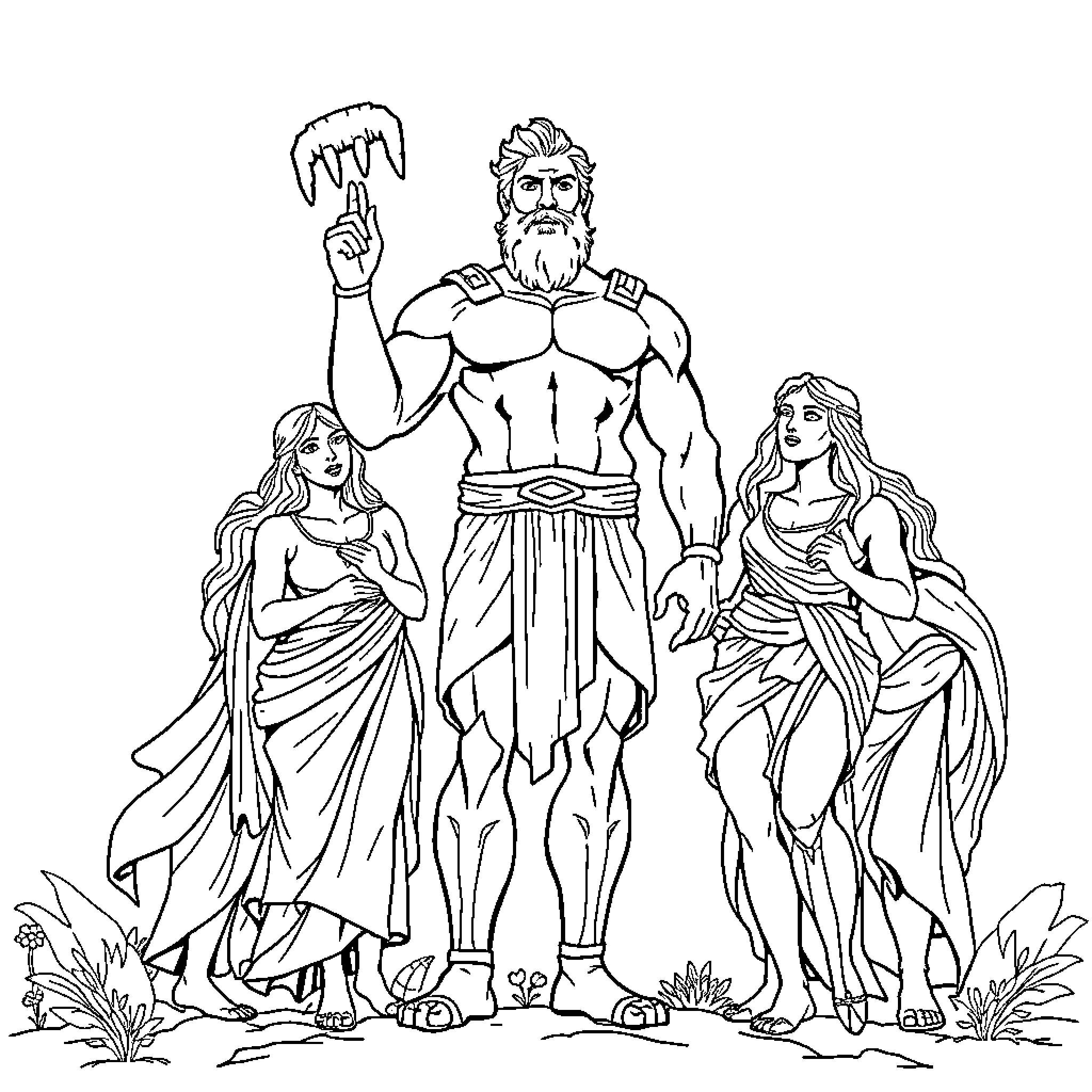 Hercules with Two Mythological Goddesses Coloring Page (free black-and-white line drawing printable PDF for all, from beginners to advanced learners, including children, teens, adults, and seniors)