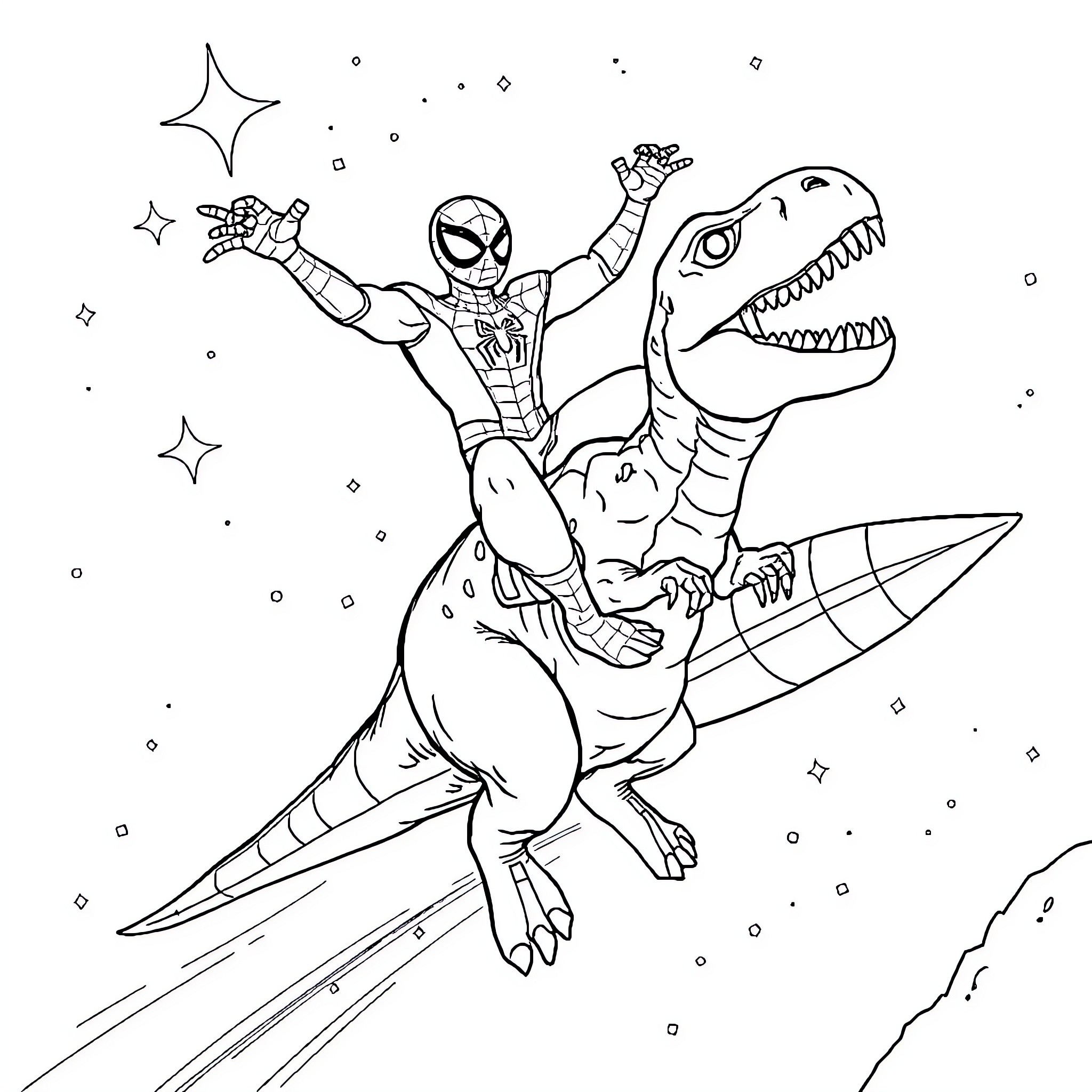 Spiderman battles a fearsome dinosaur in space Coloring Page (free black-and-white line drawing printable PDF for all, from beginners to advanced learners, including children, teens, adults, and seniors)