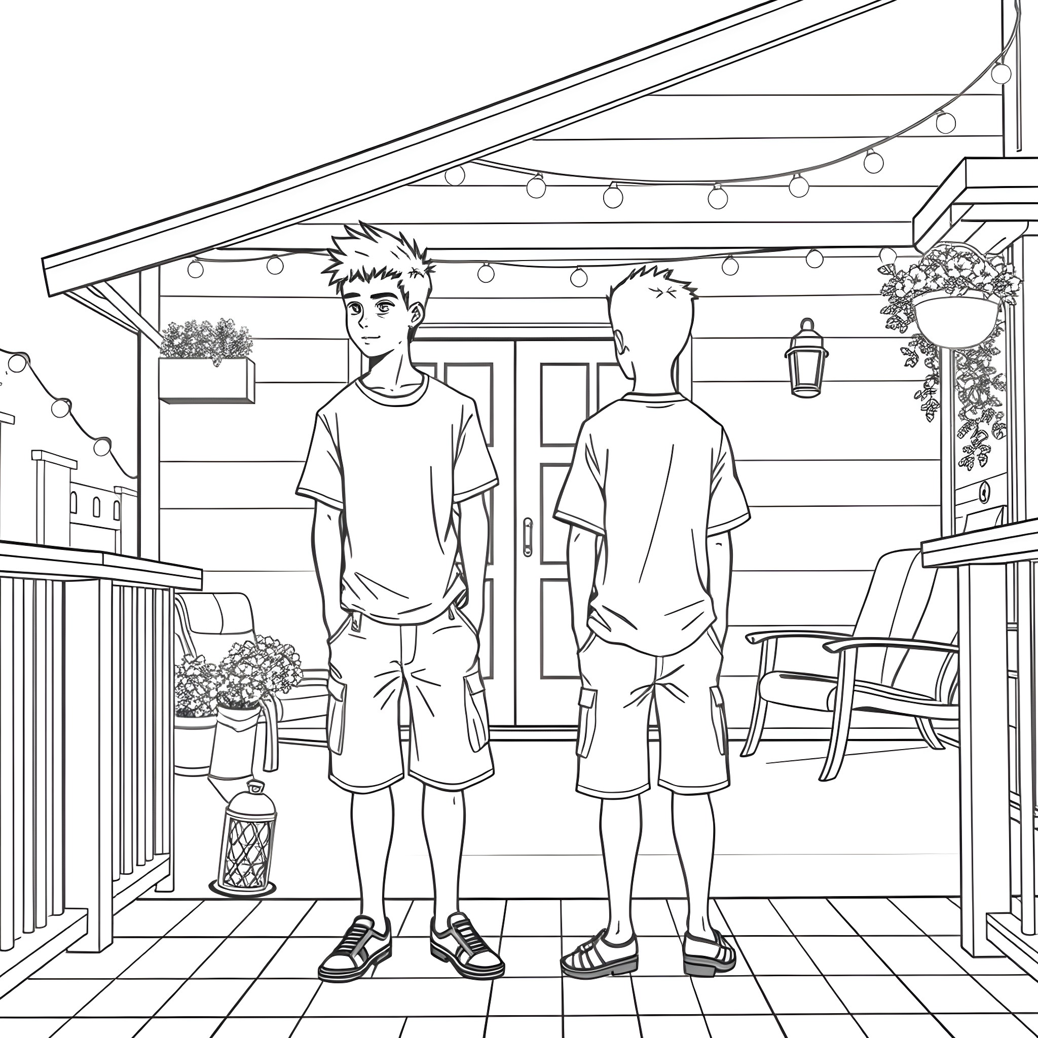 Teen Guys Casually Standing on Porch Coloring Page (free black-and-white line drawing printable PDF for all, from beginners to advanced learners, including children, teens, adults, and seniors)