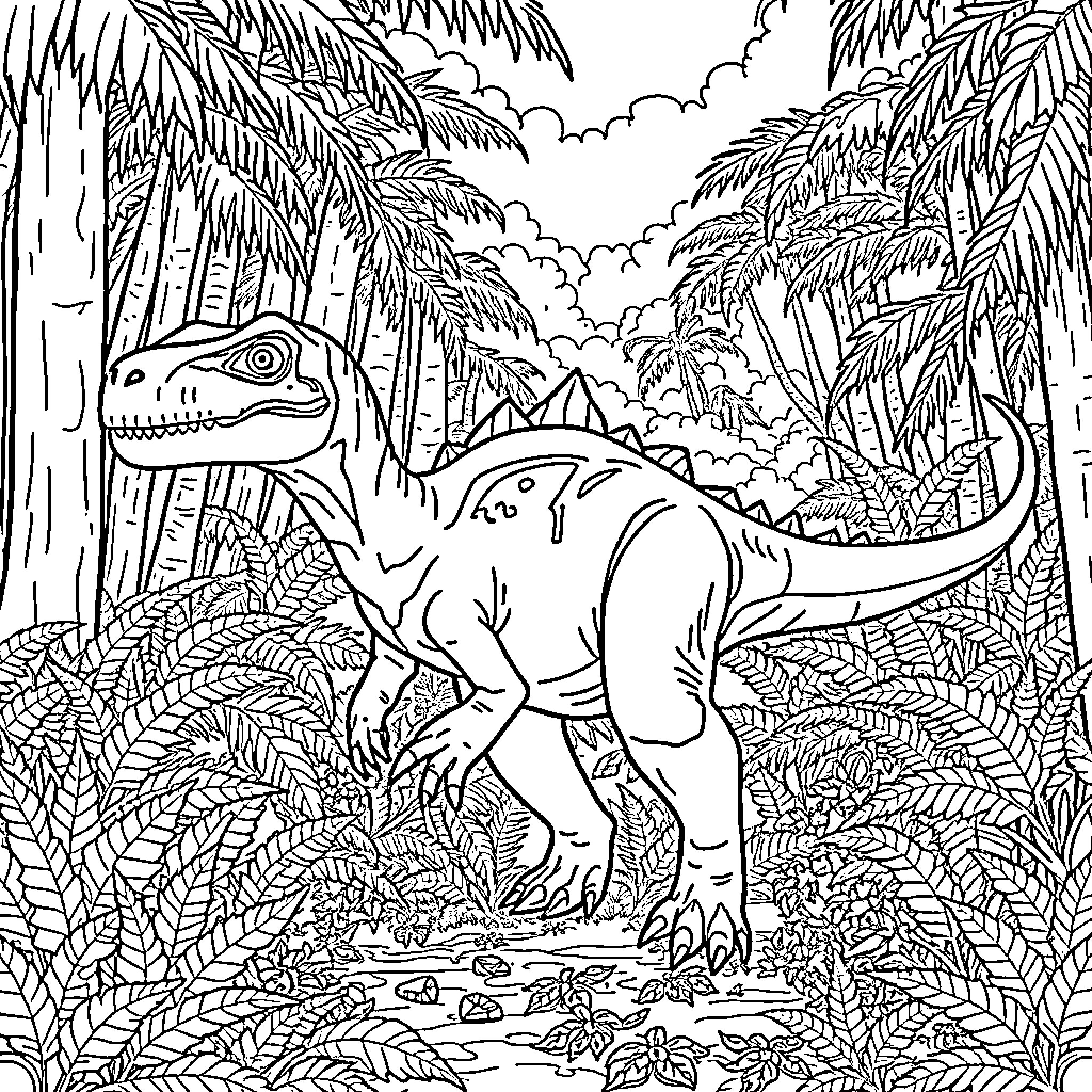 Endoraptor Dinosaurs in a Lush Jungle Landscape Coloring Page (free black-and-white line drawing printable PDF for all, from beginners to advanced learners, including children, teens, adults, and seniors)