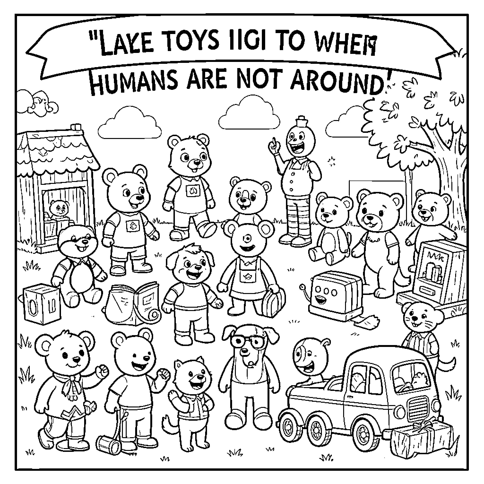 Toy characters gathering and playing together in a field Coloring Page (free black-and-white line drawing printable PDF for all, from beginners to advanced learners, including children, teens, adults, and seniors)