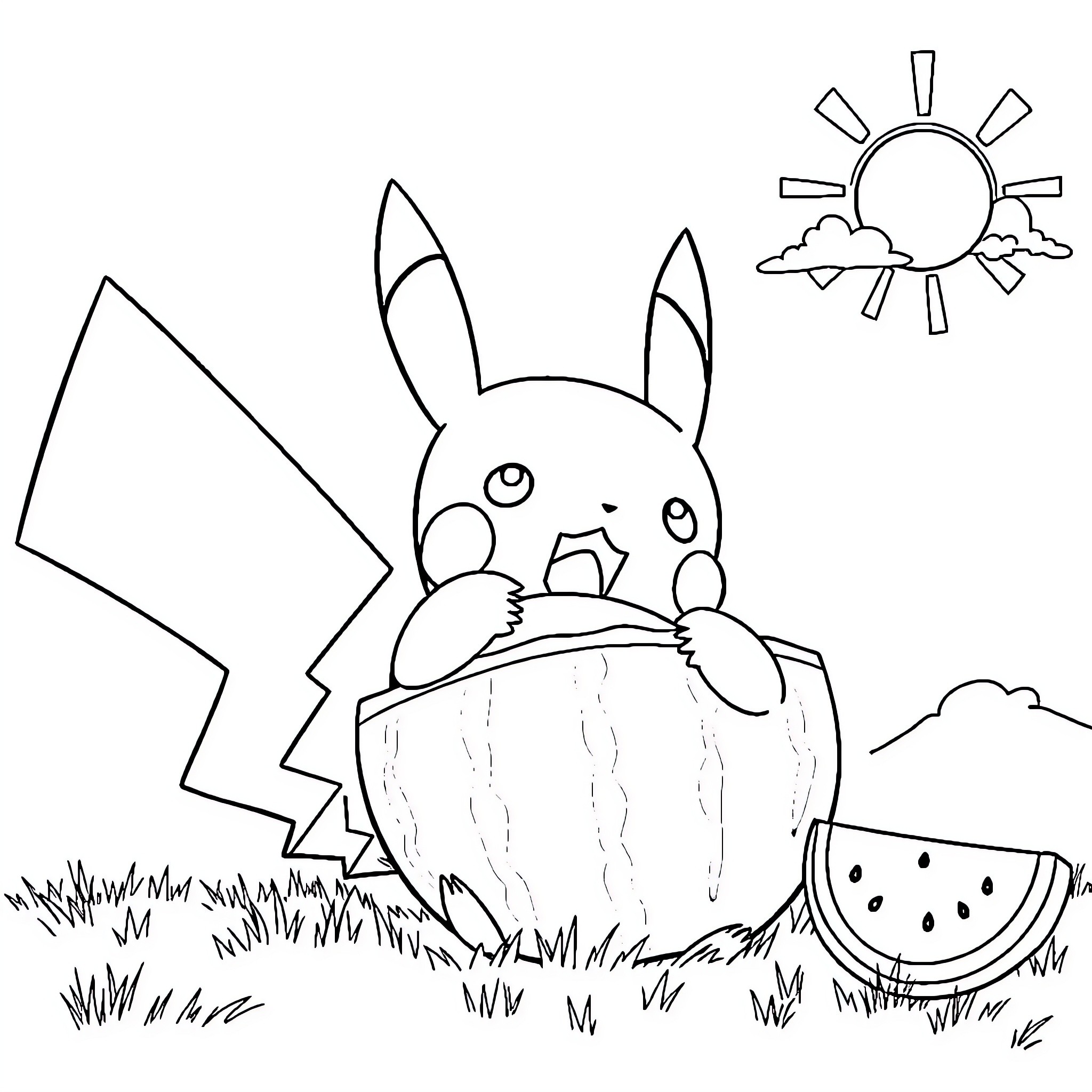 Pikachu enjoying a sunny picnic Coloring Page (free black-and-white line drawing printable PDF for all, from beginners to advanced learners, including children, teens, adults, and seniors)