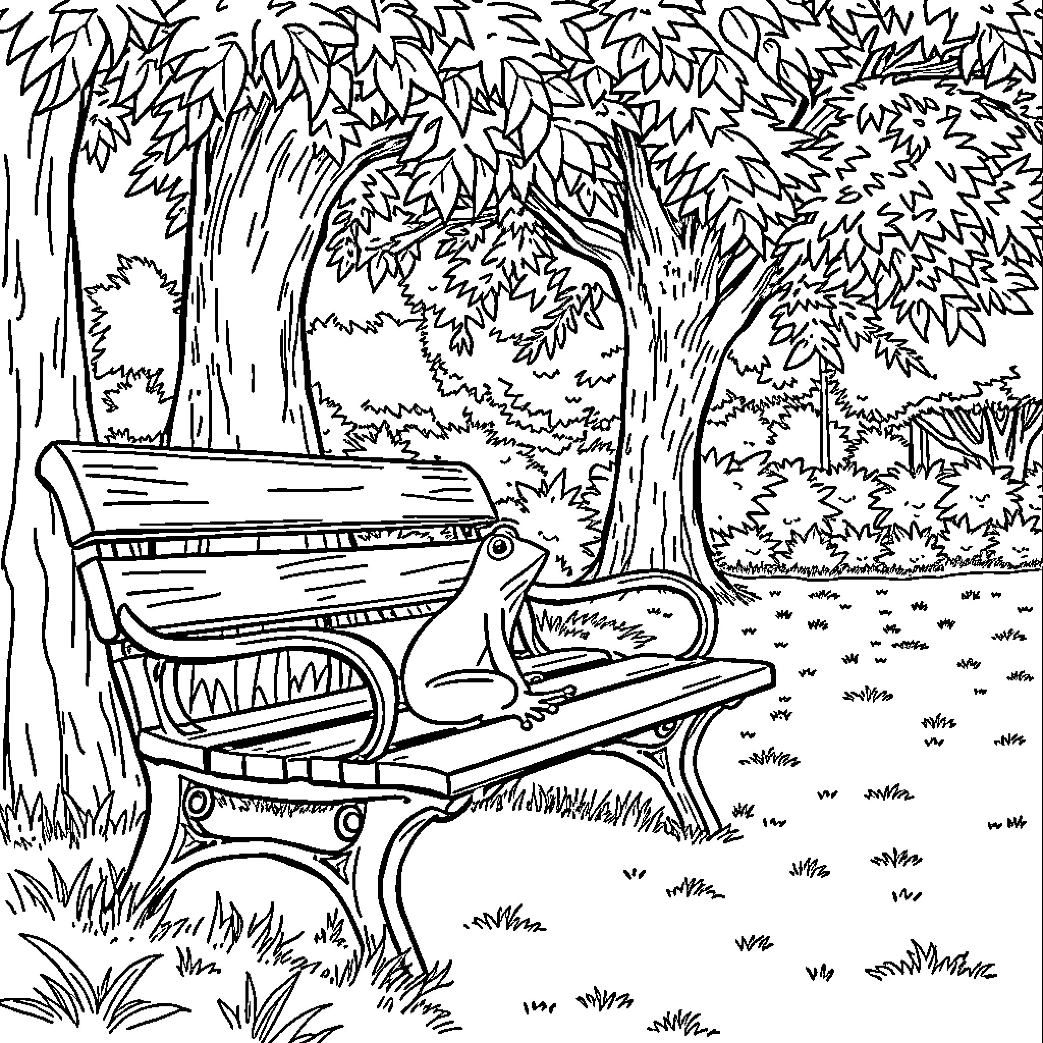 Frog resting on park bench amidst lush foliage Coloring Page (free black-and-white line drawing printable PDF for all, from beginners to advanced learners, including children, teens, adults, and seniors)