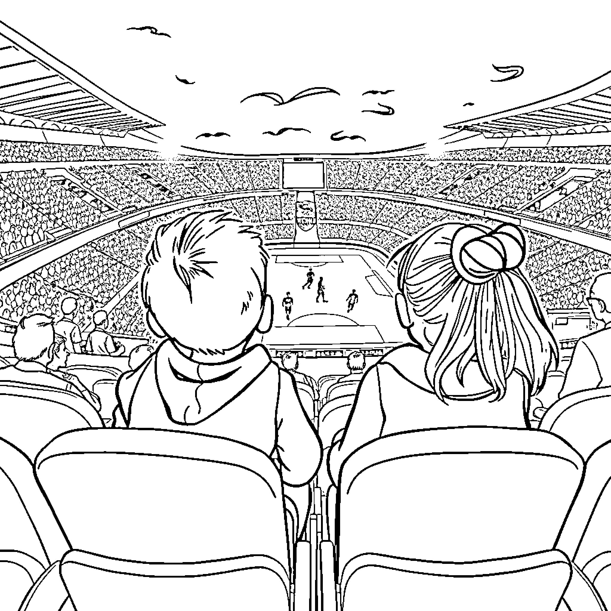 Kids Watching a Sports Game in the Stadium Coloring Page (free black-and-white line drawing printable PDF for all, from beginners to advanced learners, including children, teens, adults, and seniors)