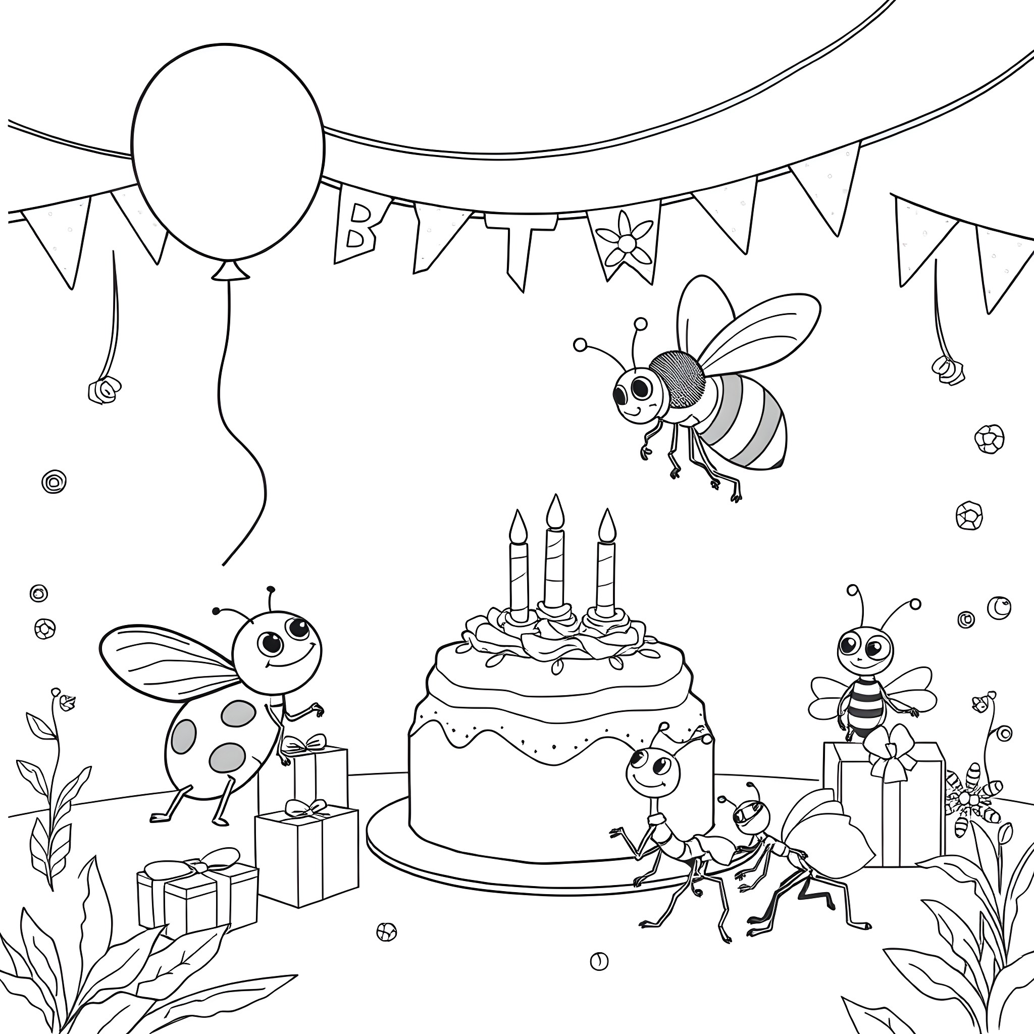 Bug party with cake and balloons Coloring Page (free black-and-white line drawing printable PDF for all, from beginners to advanced learners, including children, teens, adults, and seniors)